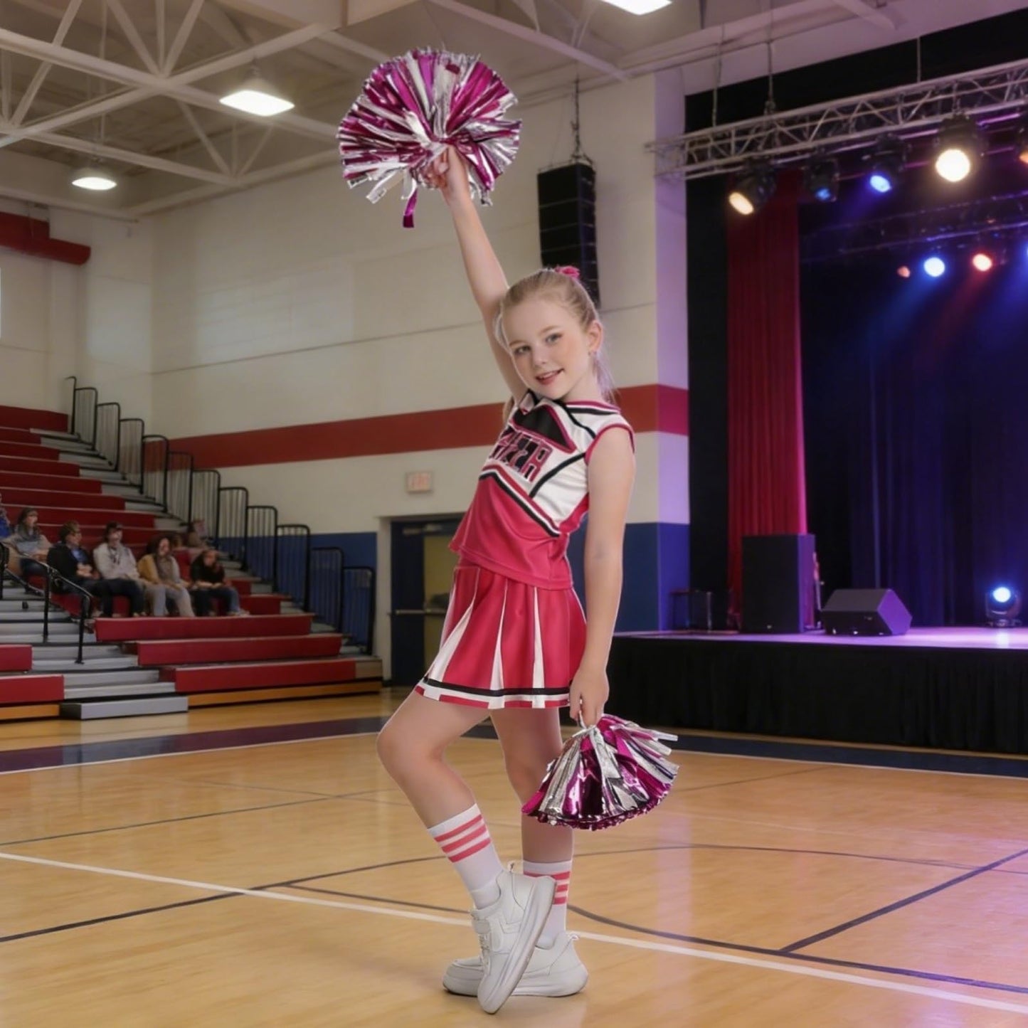 DELIVESS Cheerleader Costum for Girls Cheerleading Outfit Kids School Cheer Uniform 5 Pcs Set for Halloween Party Dress up 6-7 Years (130, Rose Red)