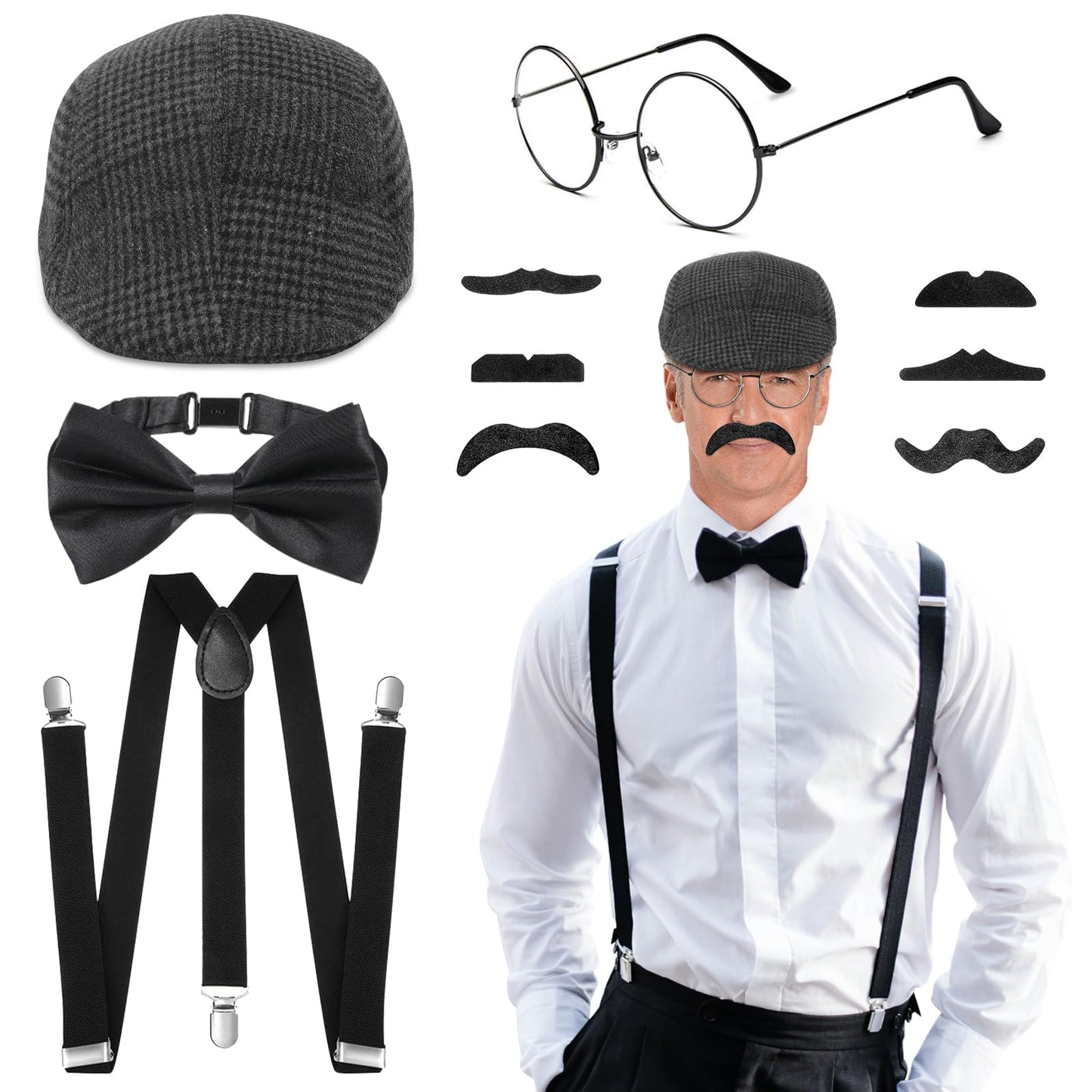 1920s Gatsby Costume Accessories Set - Mens Fancy Dress with Beret