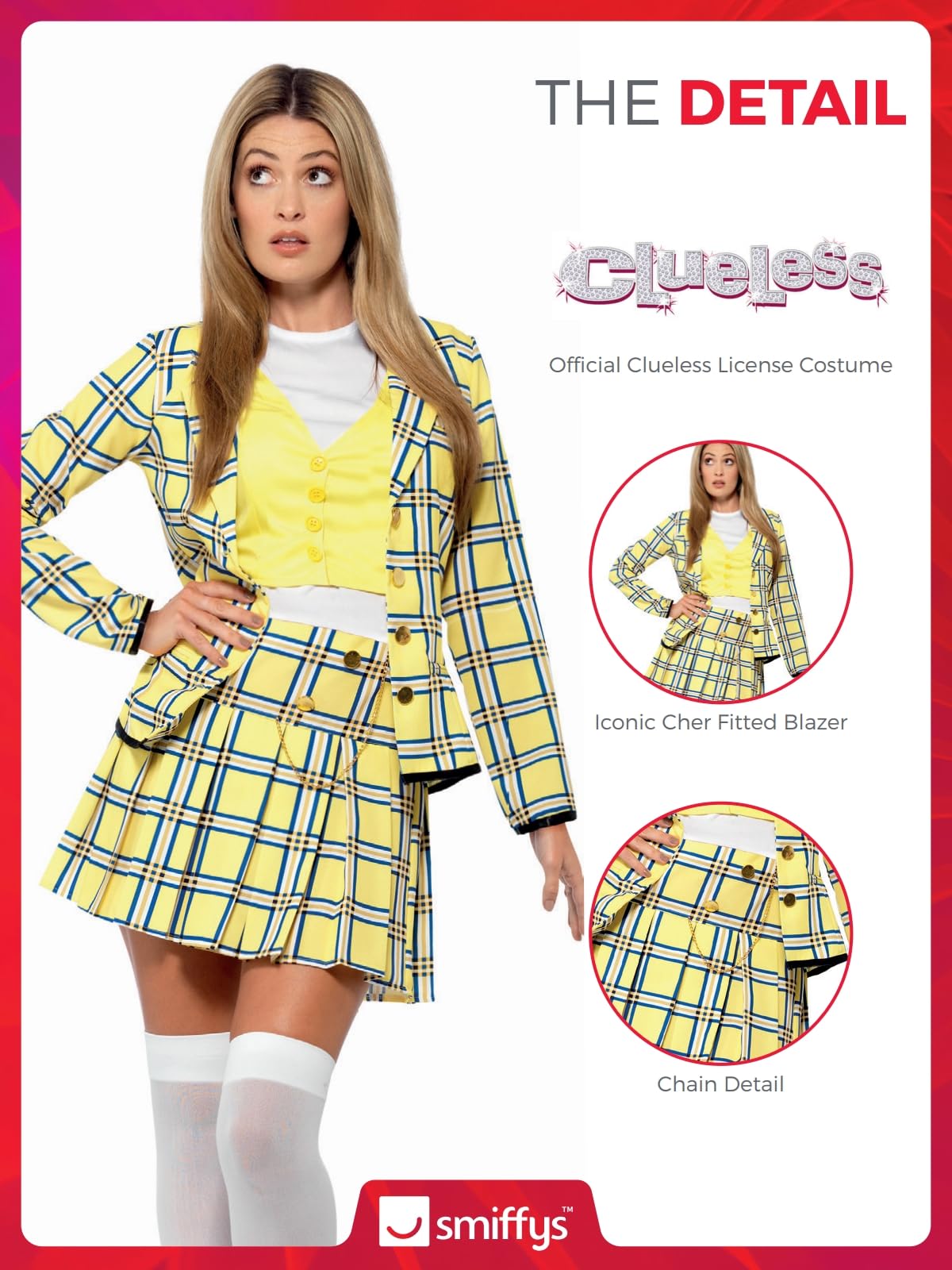 Smiffys Clueless Cher Costume in Yellow for Adults, Jacket, Top, Skirt, and Knee-High Socks, Officially Licensed, Iconic Fitted Blazer and Elasticated Skirt, Ideal for Groups and Students Halloween