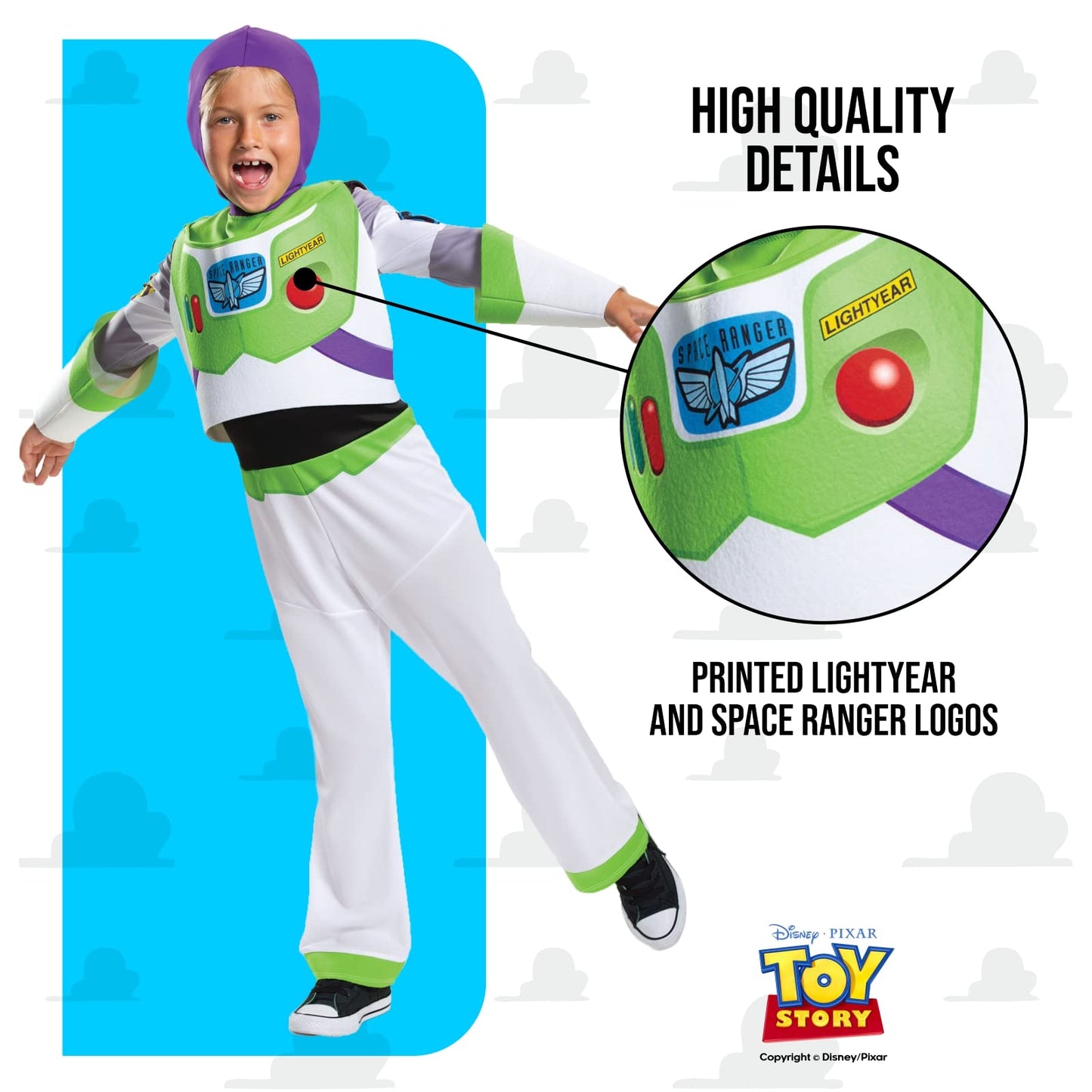 Disney Official Deluxe Buzz Lightyear Costume Kids, Buzz Lightyear Dress Up Onesie, Toy Story Dress Up Costume Fancy Dress, Costumes for Boys M