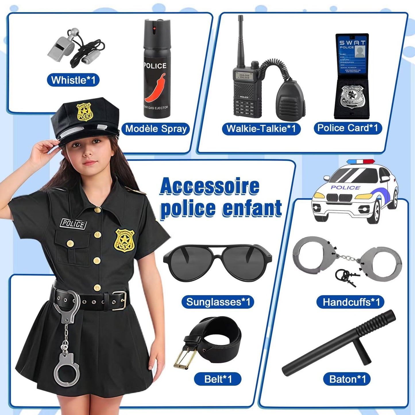 Luckyou Kids Costume Police for Girls Police Uniform Outfit with Accessories Whistle Handcuffs Fancy Dress Up for Carnaval Halloween Cosplay Black-M
