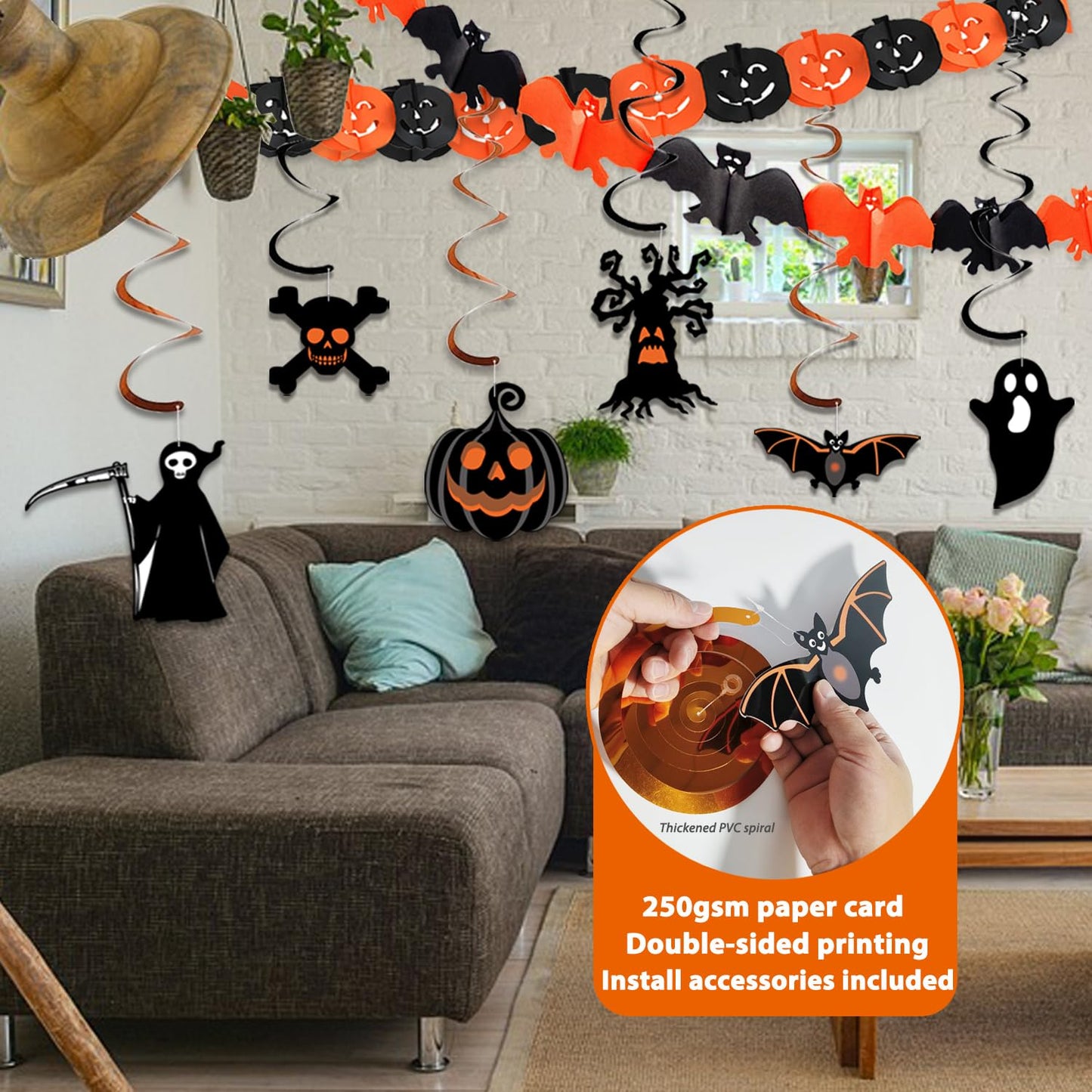 AMLOOPH Halloween Decorations Reusable Indoor Set - Happy Halloween Banner, Hanging Pumpkin, Bat, Ghosts Bunting Garland, Trick or Treat Sign and Spooky Hanging for Party Decorations