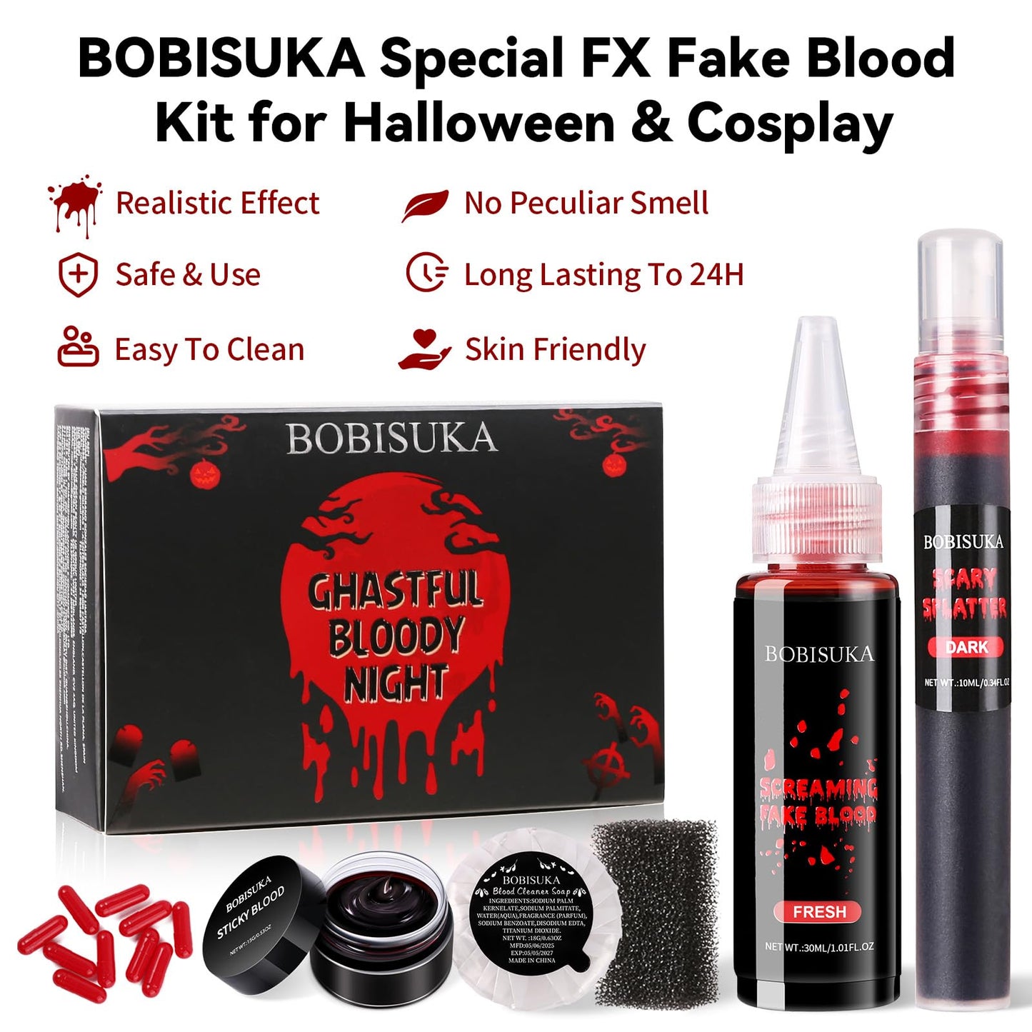 Halloween Fake Blood SFX Makeup Kit – Fake Blood Spray, Dripping Blood, Coagulated Gel, 4 Wound Tattoos, Blood Capsules, Cleaner Soap – Realistic, Washable Makeup for Zombie/Vampire/Monster