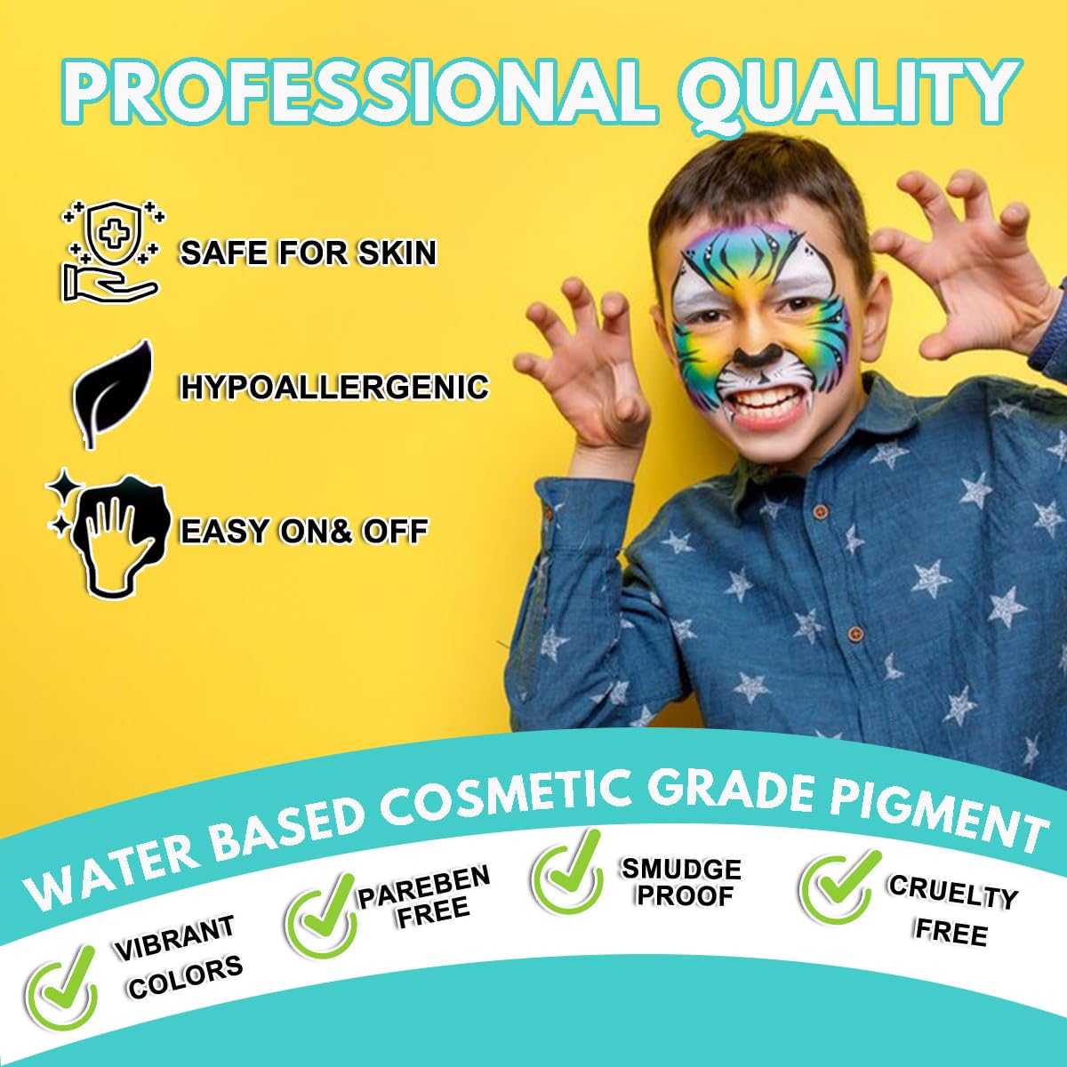 Bowitzki Face Paint Kit with 50 Colors, 8 sheets Stencils, 2 Glitters,10 Brushes, 1 Sheet Gems, Water Based Face Painting Kit, Safe Professional Halloween Party Makeup Set