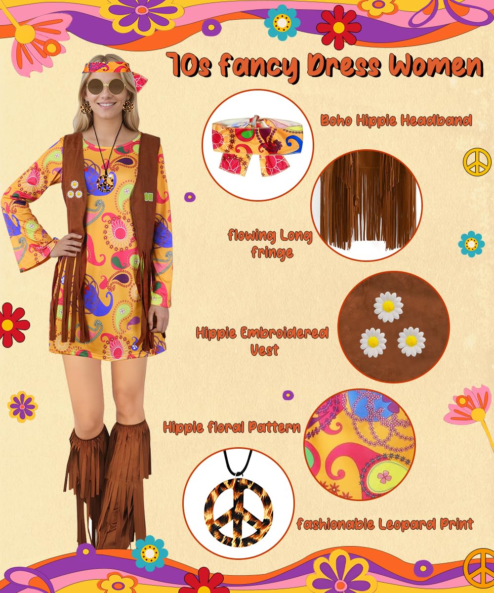 TOLOYE 70s Fancy Dress Women, Hippie Costume Outfit with Fringe Vest Boho Headband Necklace Set, 60s Disco Fancy Dress, 1970s Retro Hippie dress Hippy Clothes for Carnival Cosplay Party (L)
