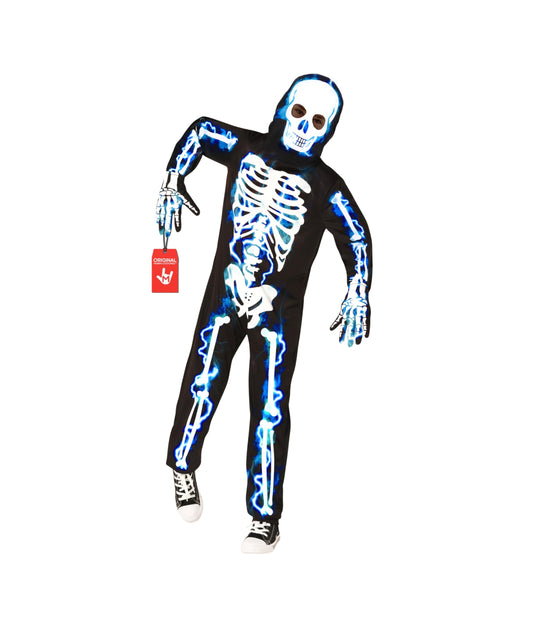 Glow-in-the-dark skeleton kids costume with electric blue bones
