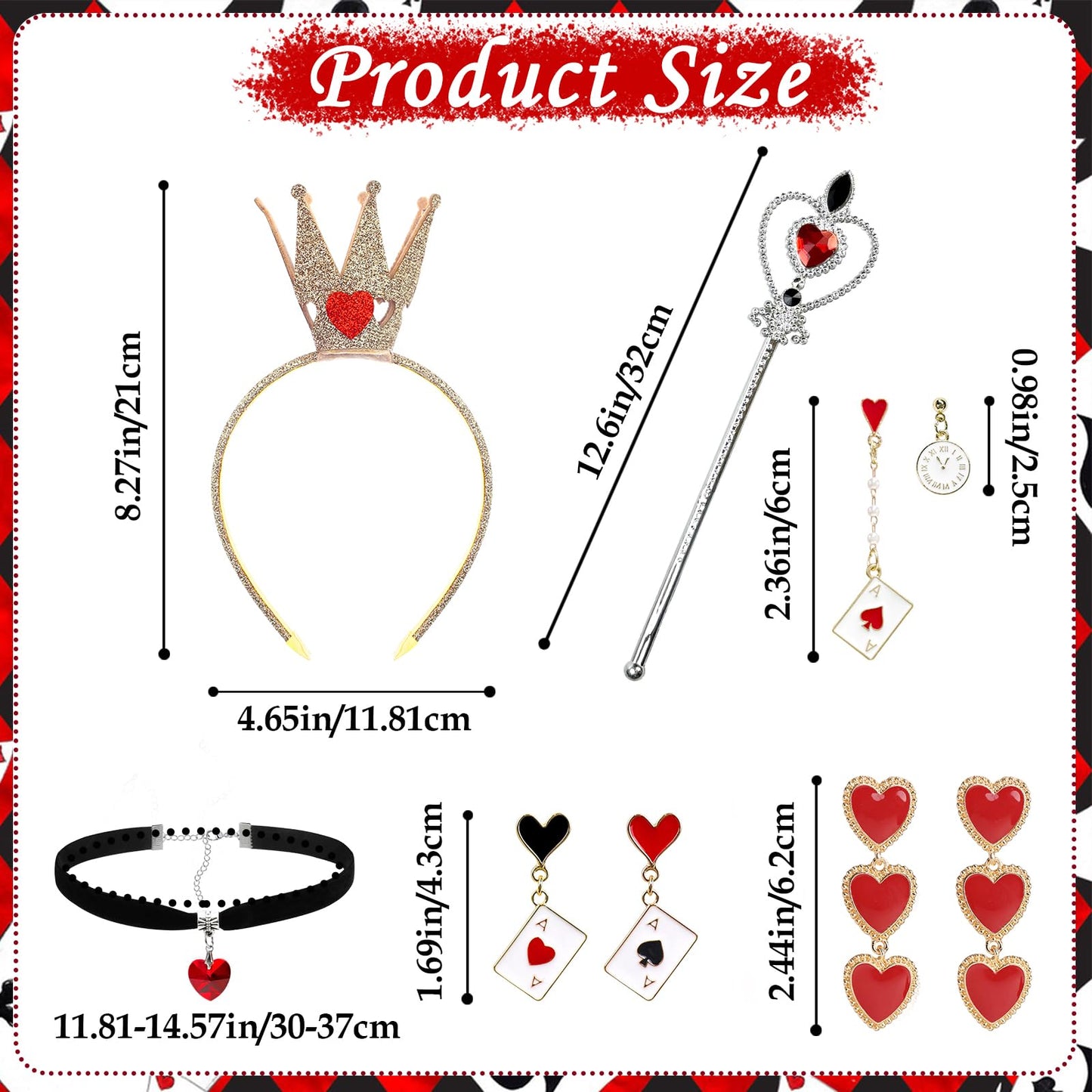 9 PCS Red Heart Queen Costume Set with Wand Headband Choker Necklace Earrings for Girls and Women - Cosplay Carnivals World Book Day Dress Up Accessories