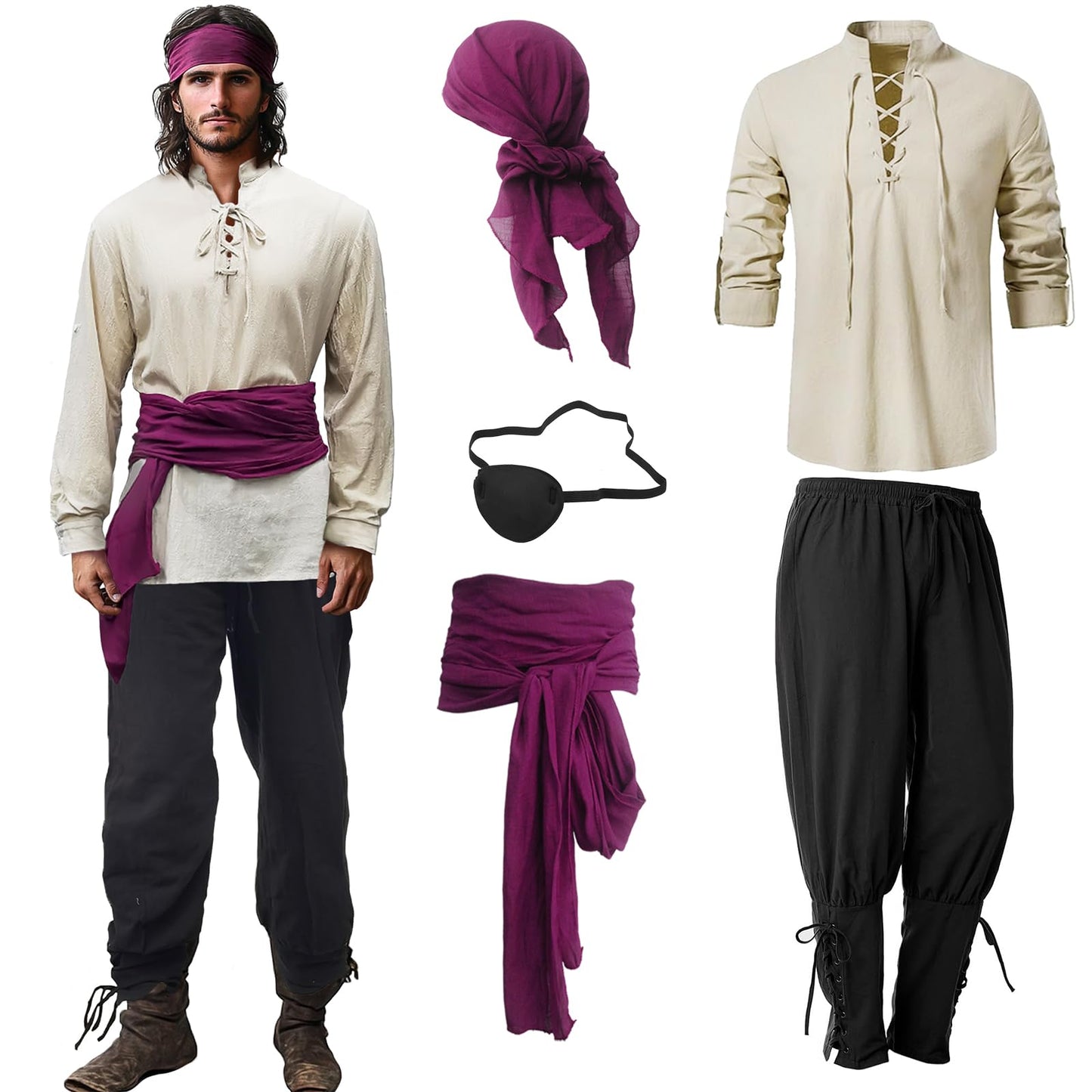 Pirate Costume Adult Men Eye Patch Medieval Shirt Trousers Bandana
