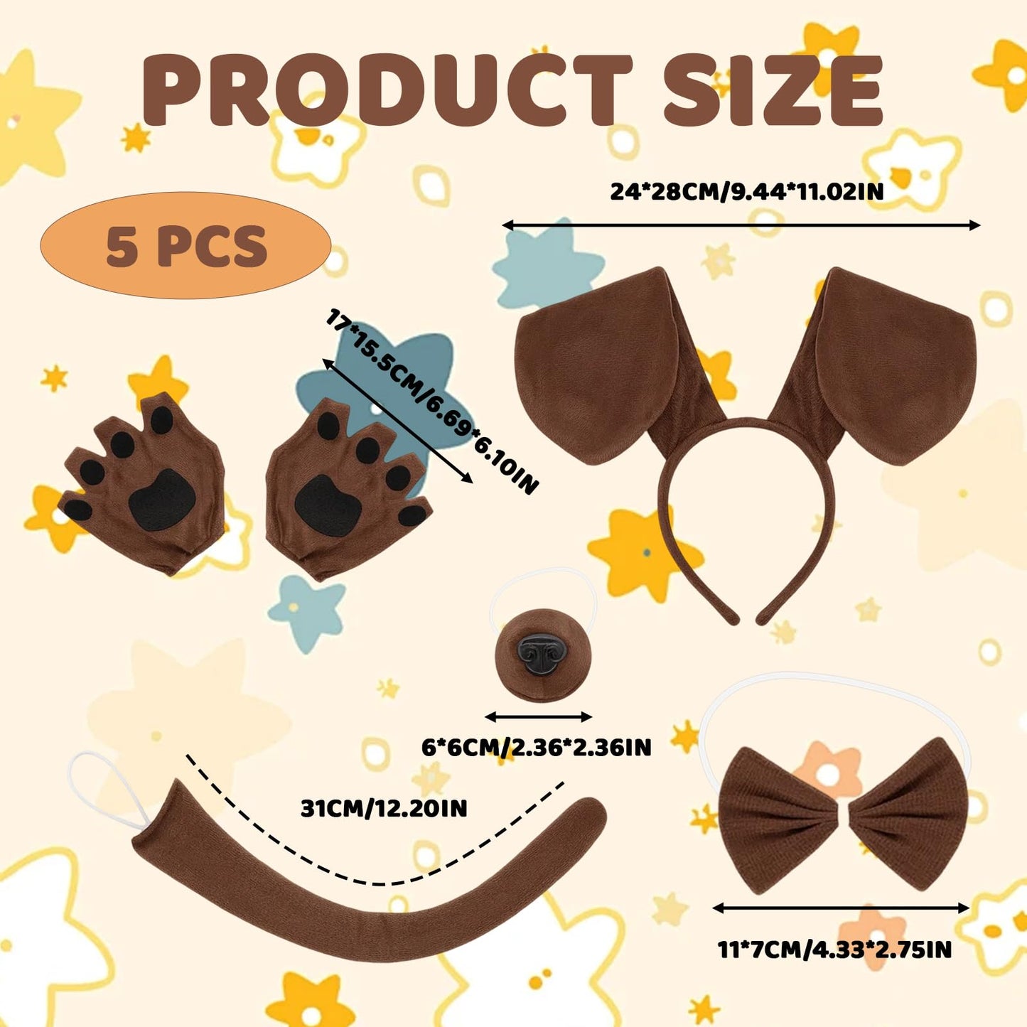 Dog Ears Headband - Five-Piece Dog Costume Set for Adults and Kids