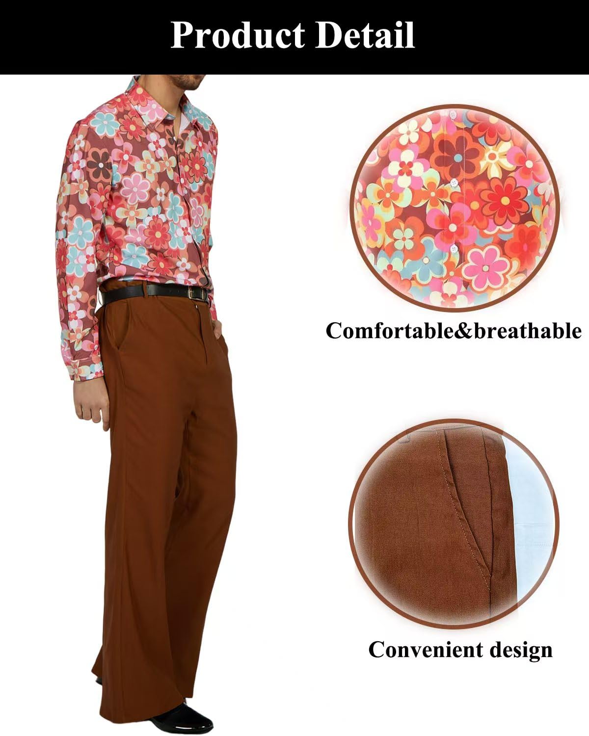 70s Disco Costume Set Hippie Men Outfit with Flared Pants Shirt (image 4)