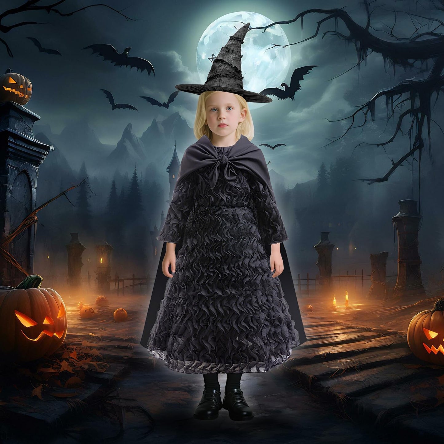 keaiyouhuo Kids Witch Costume Dress for Girls Halloween Cosplay Carnival Party Outfit With Glasses and Pointed Hat