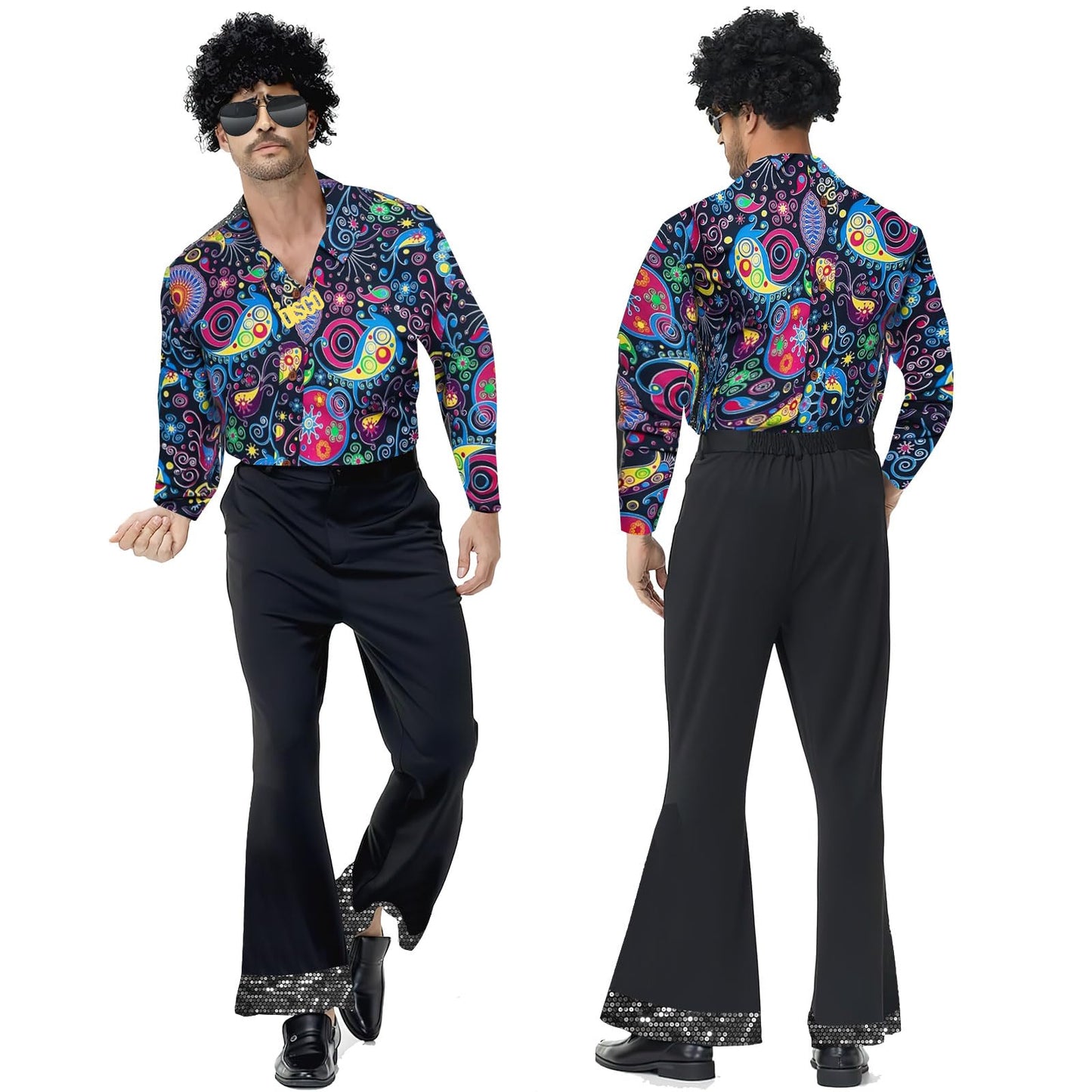 Malloom 70s Fancy Dress Mens, 6 Pcs Disco Hippie Costume Set with Printed Shirt, Flare Pants & Retro Accessories, 60s 70s Theme Party Outfit for Adults (XL)
