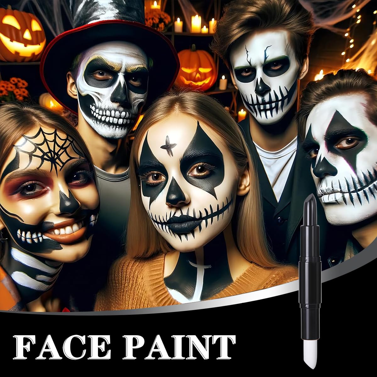 Teekerwang Halloween Clown Black White Face Body Paint Stick Set, Eye Black for Sports, Skeleton Vampire Skull Cosplay Special Effects Costume SFX Halloween Makeup Kit. (01, Color)