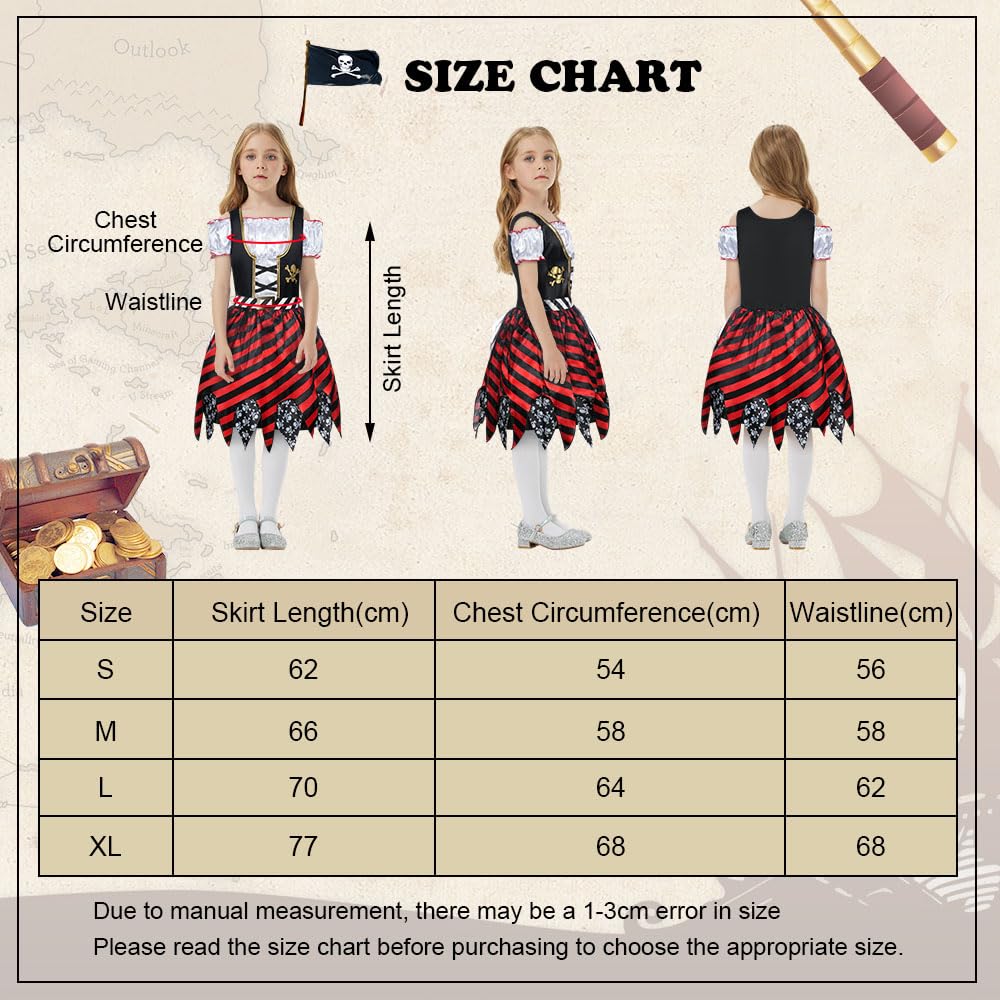 Aomig Girls Pirate 3 Pcs Role Play Dress Up Set with Hat & Eye Patch, Pirate Outfit for Birthday Party & Halloween