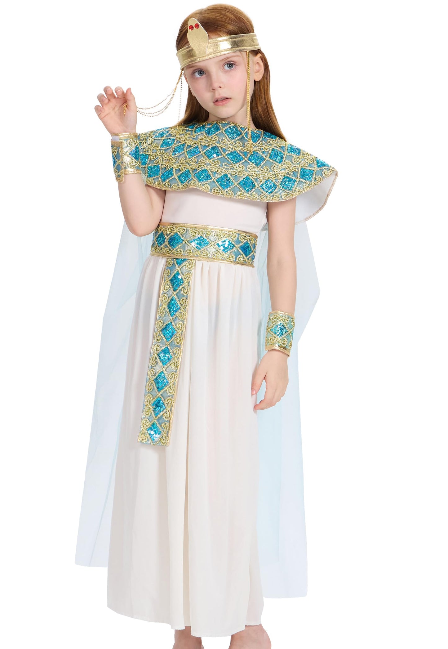 IKALI Girls Cleopatra Costume, 5 Pcs Egyptian Queen Dress Ancient Outfit for Kids Egyptian Girl World Book Day 8-10 Years