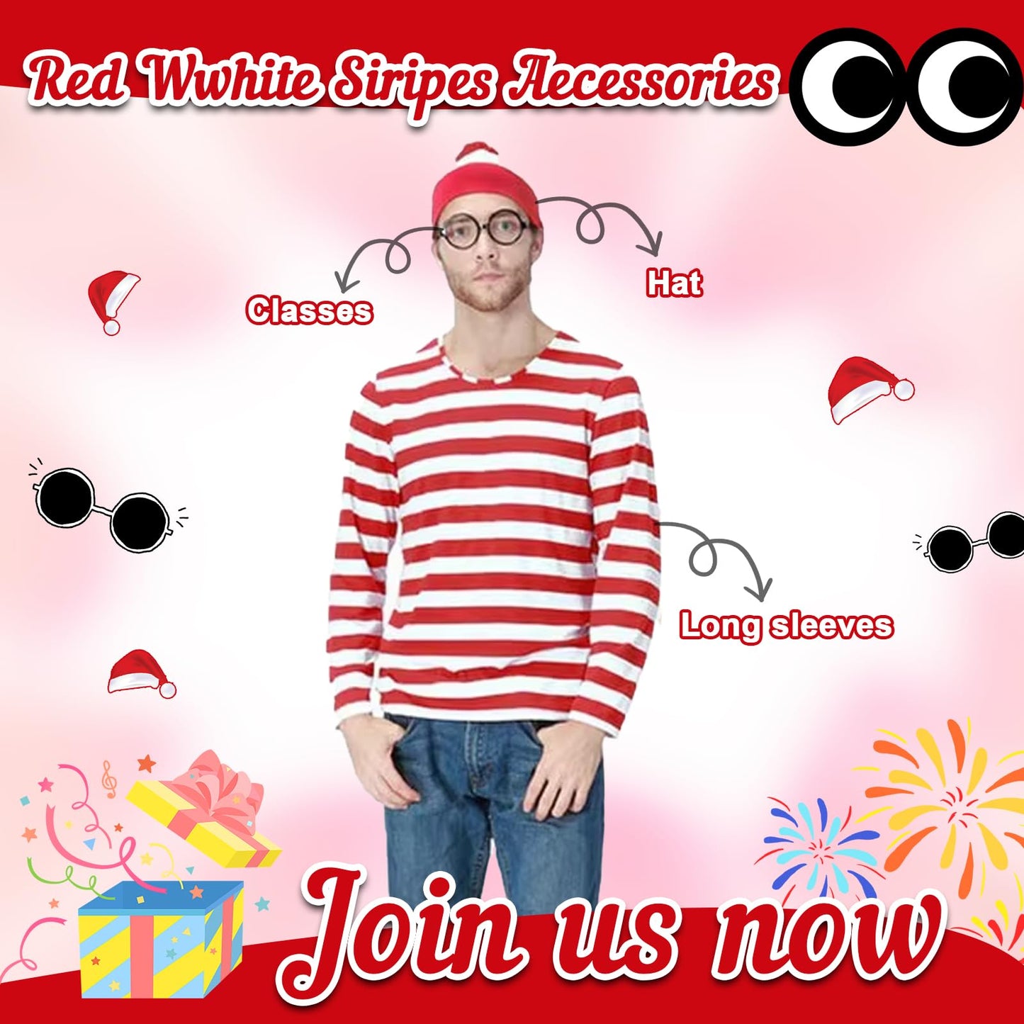 3PCS Men's Wally Costume Set,Cosplay Accessories Set with Red&White Stripe Long Sleeve Top Bobble Hat Black Nerd Glasses,90s Fancy Dress Costume for World Book Day Halloween Dress Up Day (Men, M)
