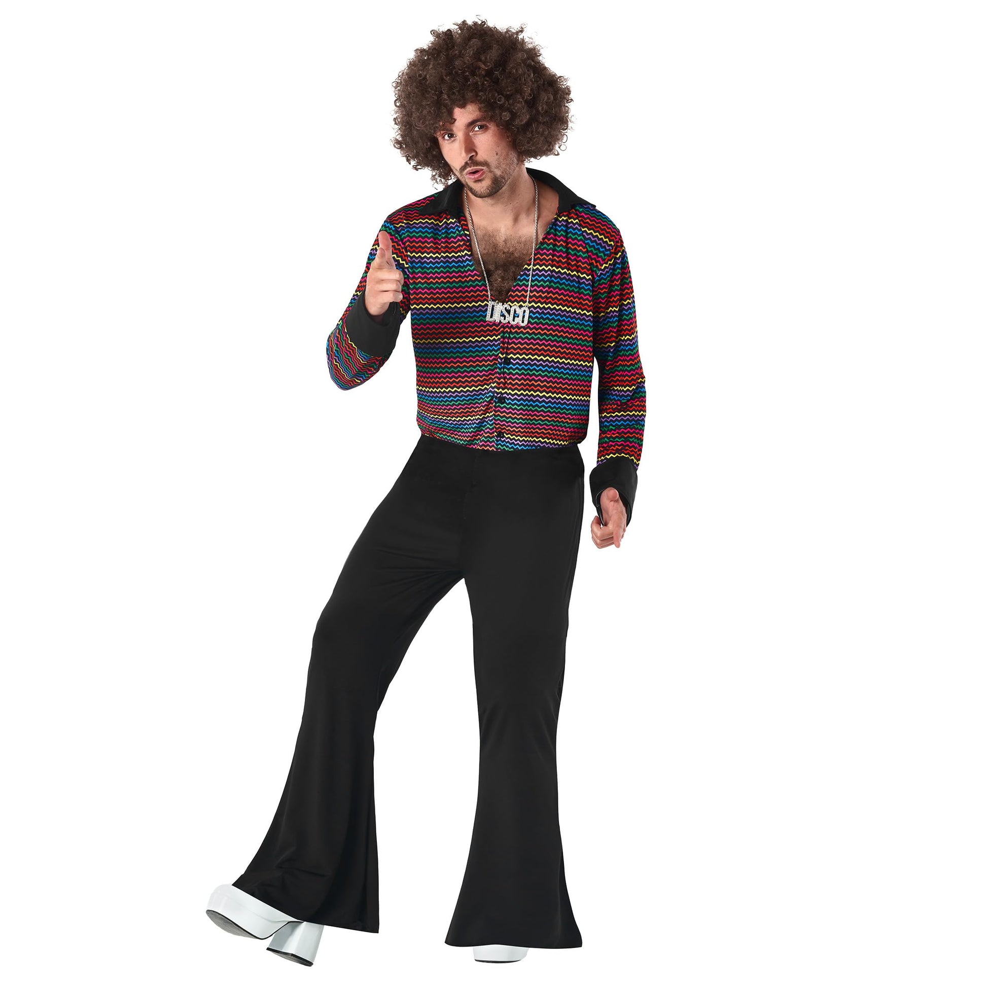 70s Disco Costume for Men - Rainbow Striped Shirt with Flared (image 3)