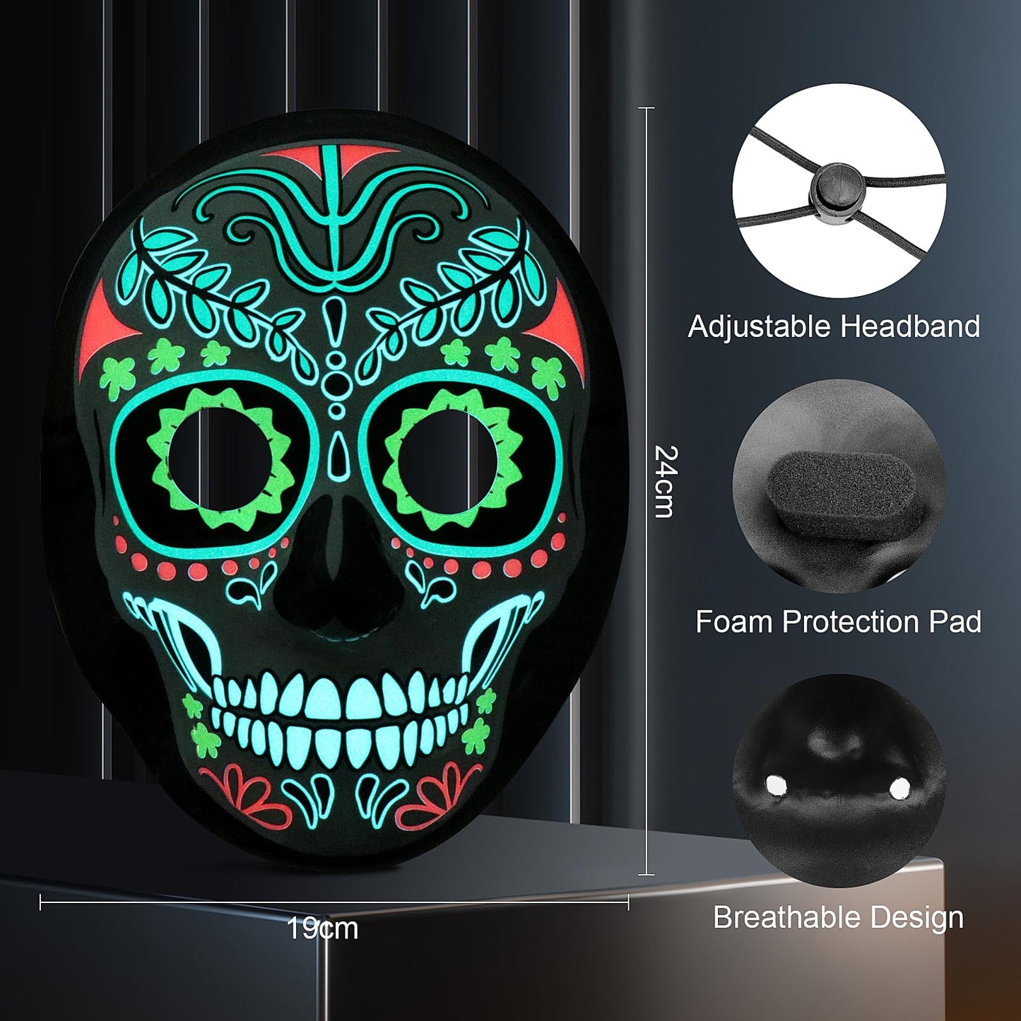 Meetory LED Halloween Mask for Adults, Light Up Mask Costume Day of the Dead Mask with 3 Lighting Modes and Adjustable Headband, Halloween Face Mask for Men Women