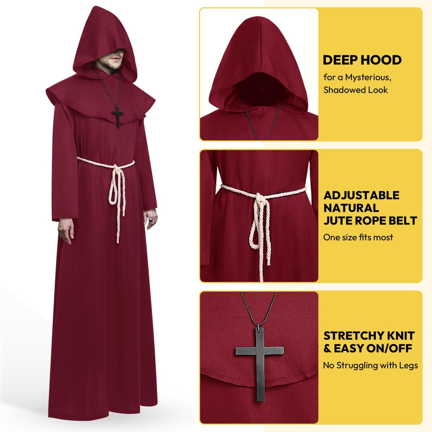 KONVINIT Monk Robe Mens Halloween Costumes Red Medieval Friar Hooded Monk Renaissance Priest Robe Vicar Costume Monk Outfit for Adult,red L