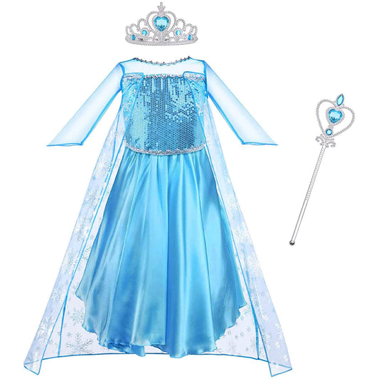 Vicloon Elsa Princess Costume, 3PCS Elsa Costume Dress, Elsa Dress with Fairy Crown Wand for Christening/Party/Pageant/Bridesmaid Princess Kids Dress Ball Gown（3-4 years）