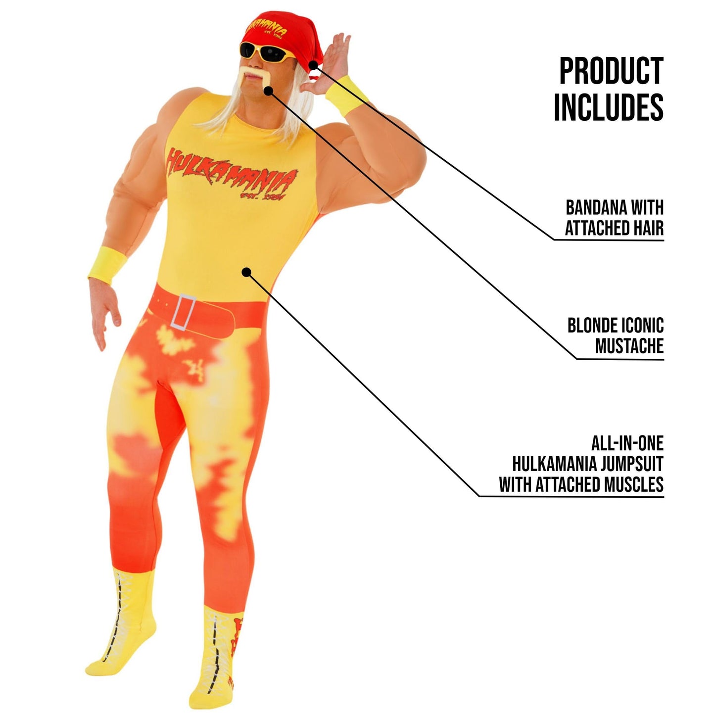 Morph Hulk Hogan Costume Adult, Hulk Hogan Fancy Dress, WWE Wrestling Costume, 80s Costumes for Adults, Large