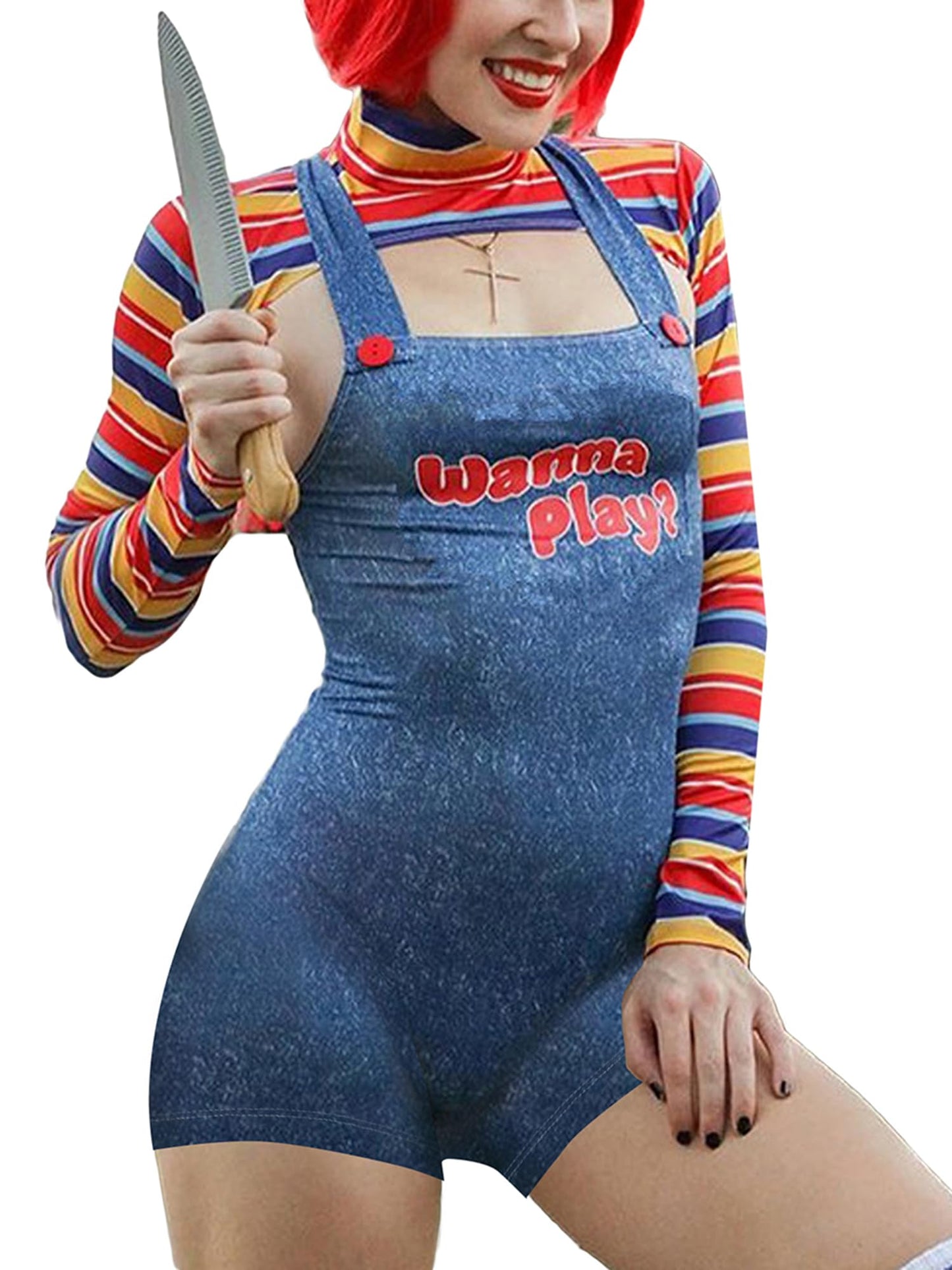 ensswliz Women 2 Pcs Halloween Cosplay Costumes Scary Nightmare Killer Doll Wanna Play Movie Character Dress Chucky Doll Costume Set (A-Blue, M)
