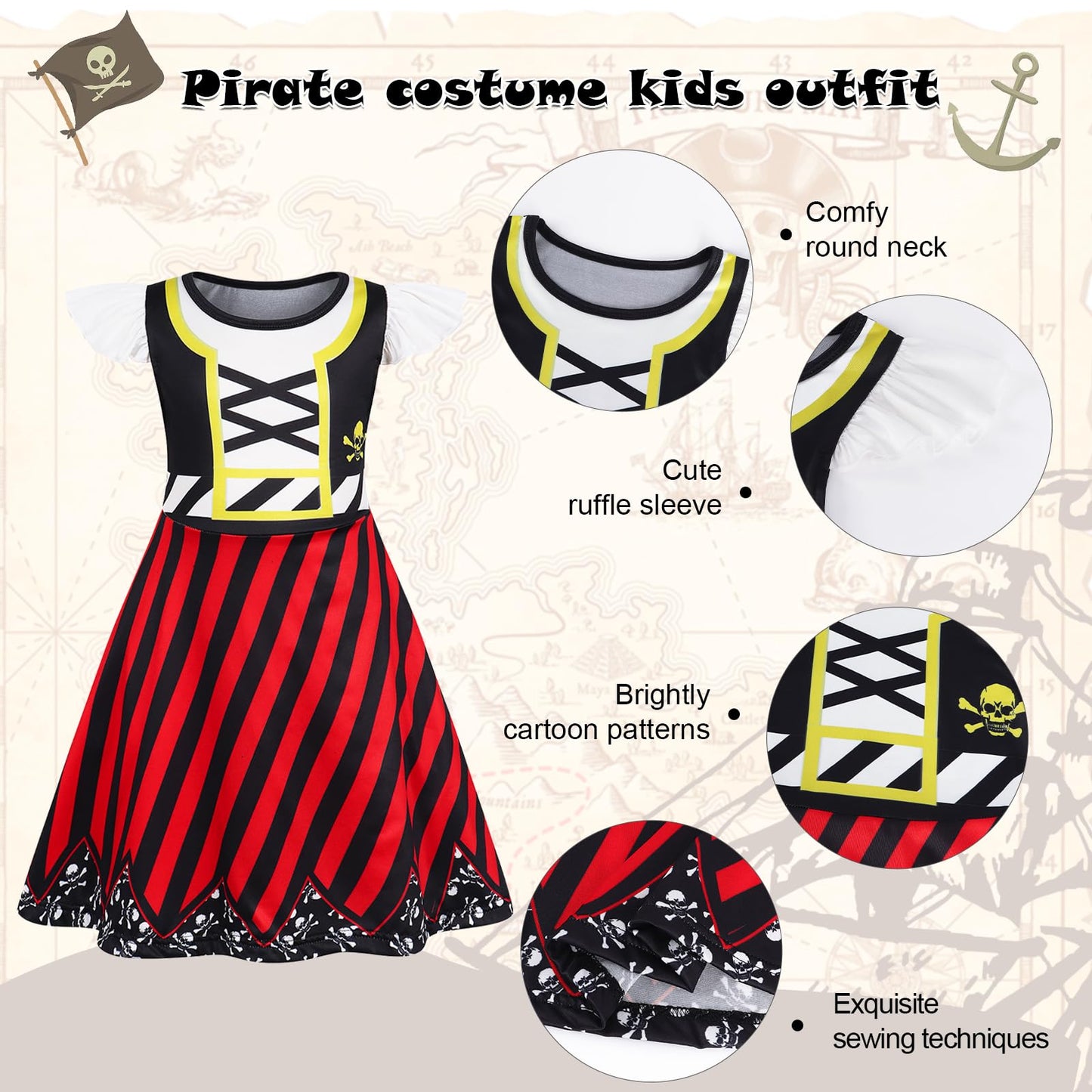 Berich Girls Pirate Costume Kids Halloween Costumes for Girls World Book Day Dress up Pirate Hat Eye Patch Headband Sword School Pretend Play Outfit Kids Dressing up Clothes 5-6 Years, Size 130, Red