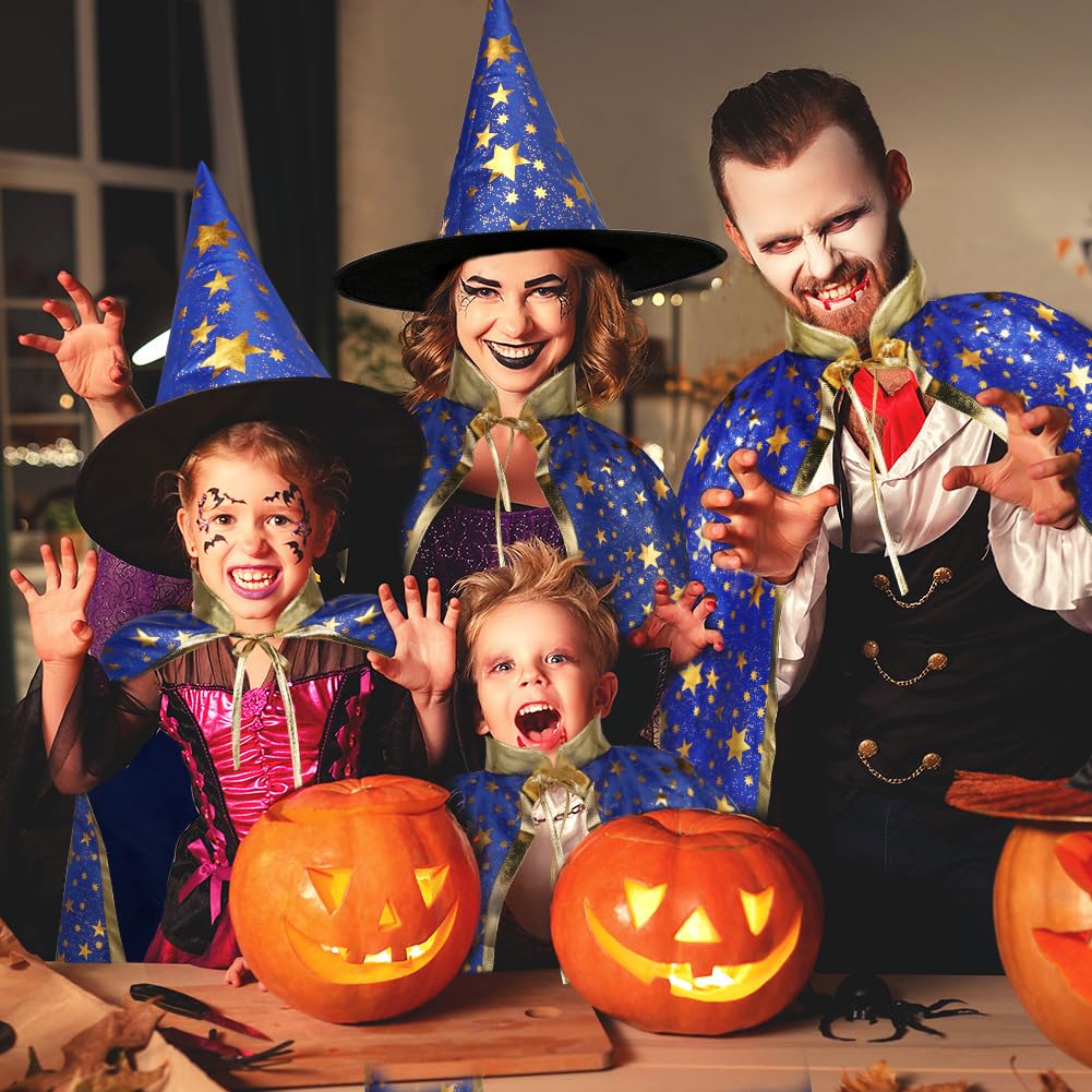 AYBUY Wizard Cape Witch Cloak Kids, Witch Costume Cloak and Hats for Kids, Halloween Costume Props Costume with Golden Stars Pattern for Children, Girls Halloween Party Cosplay Costumes (Blue)