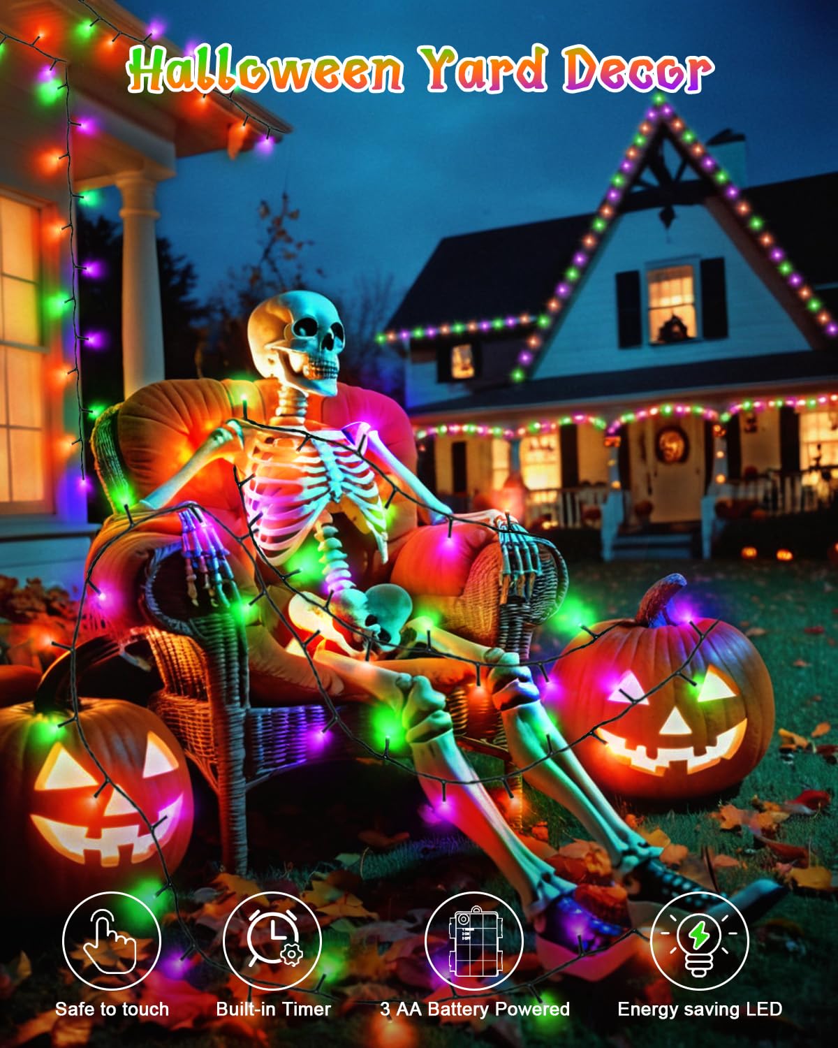 Dalugo Halloween Lights Orange Purple Green, 5M 50 LED Battery Operated Halloween Decorations Fairy Lights with Timer, IP65 Waterproof Indoor Outdoor String Light for Hallow‌ Decor(Green Wire)