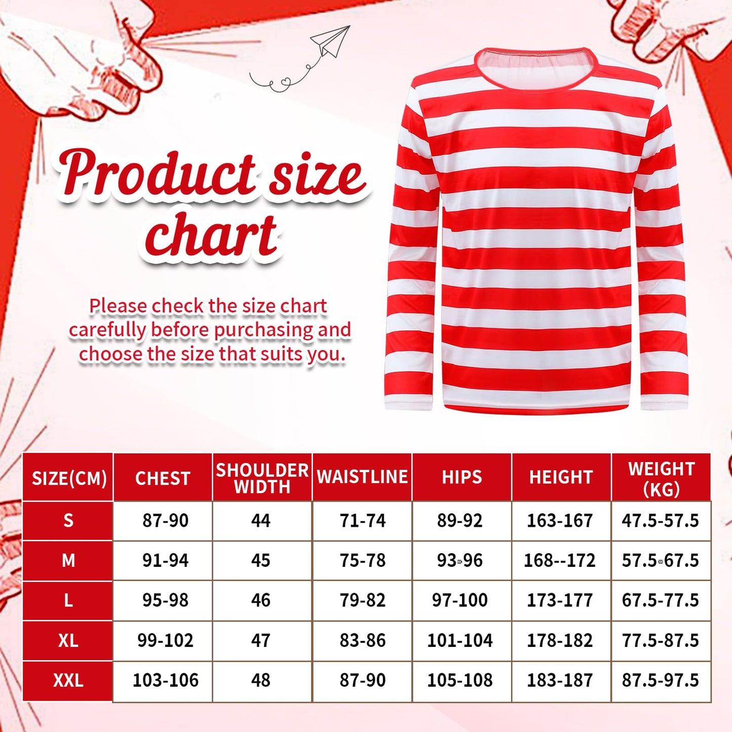 3PCS Men's Wally Costume Set,Cosplay Accessories Set with Red&White Stripe Long Sleeve Top Bobble Hat Black Nerd Glasses,90s Fancy Dress Costume for World Book Day Halloween Dress Up Day (Men, M)
