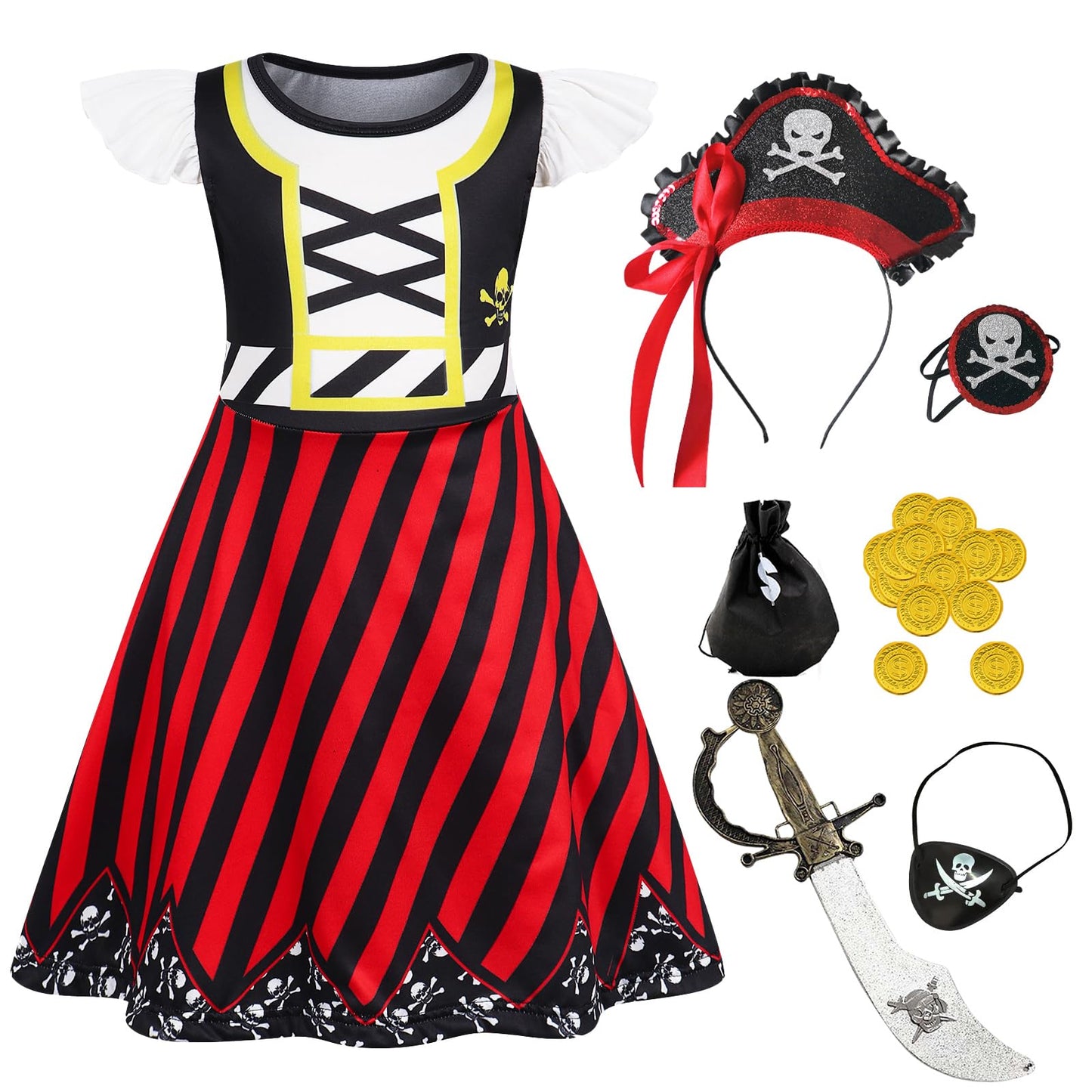 Berich Girls Pirate Costume Kids Halloween Costumes for Girls World Book Day Dress up Pirate Hat Eye Patch Headband Sword School Pretend Play Outfit Kids Dressing up Clothes 5-6 Years, Size 130, Red