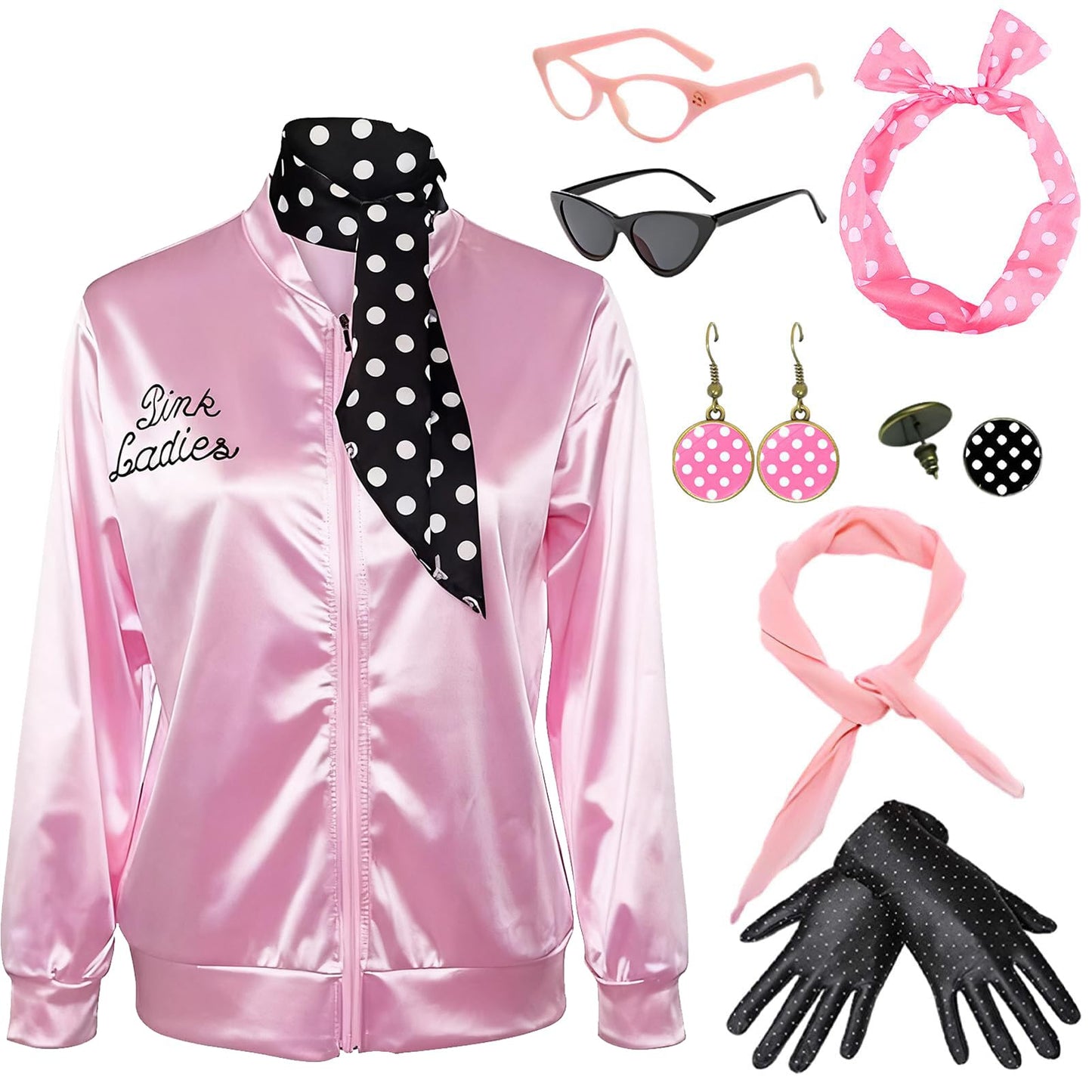 Pink Ladies Jacket 1950s Pink Satin Jacket with Polka Dot Scarf Cat