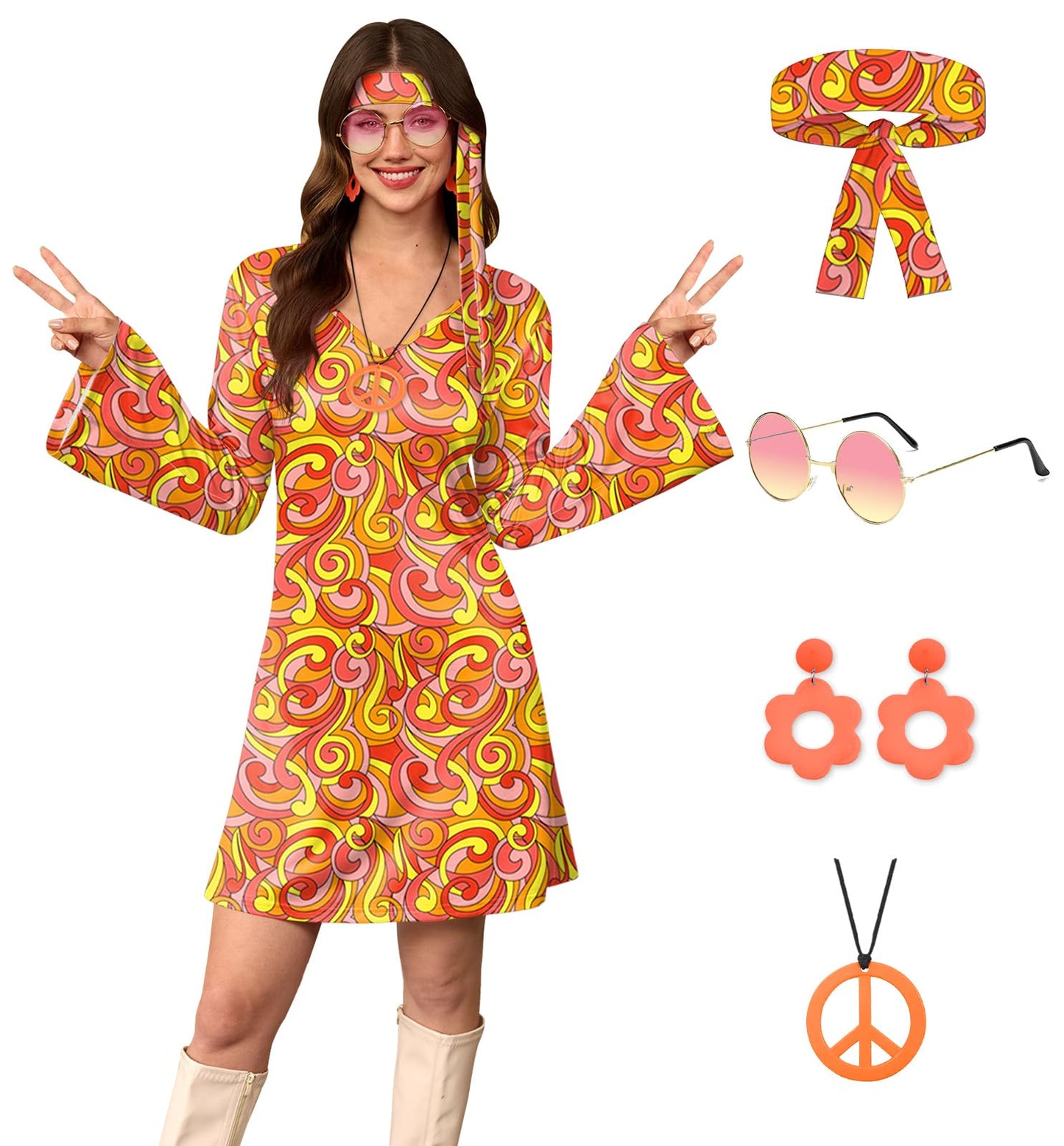 For G and PL Women's Summer Flare Sleeve 70s Hippy Fancy Costume Groovy Retro Dress Orange M