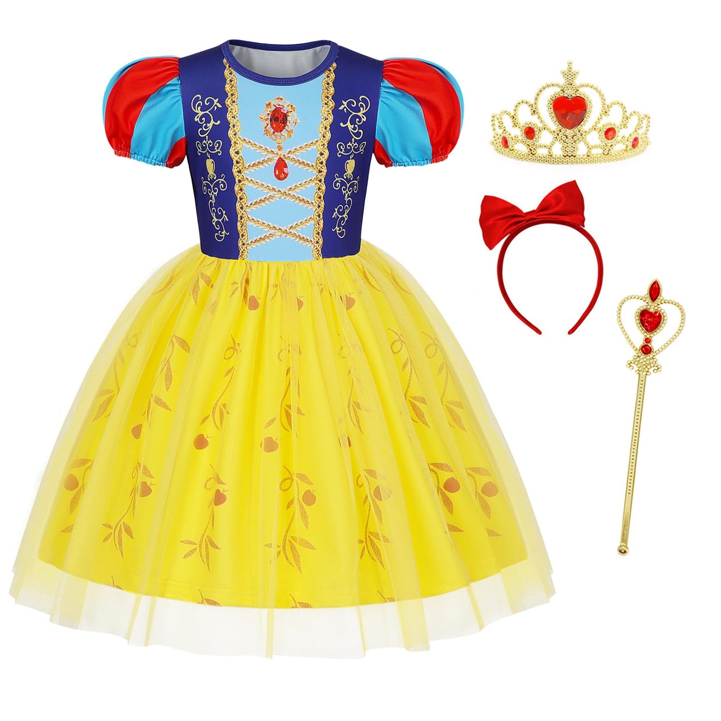 Berich Yellow Princess Costume with Headband Princess Dress up Halloween Christmas Gifts World Book Day Costume Kids Dress up 4-5 Years(Yellow,120)