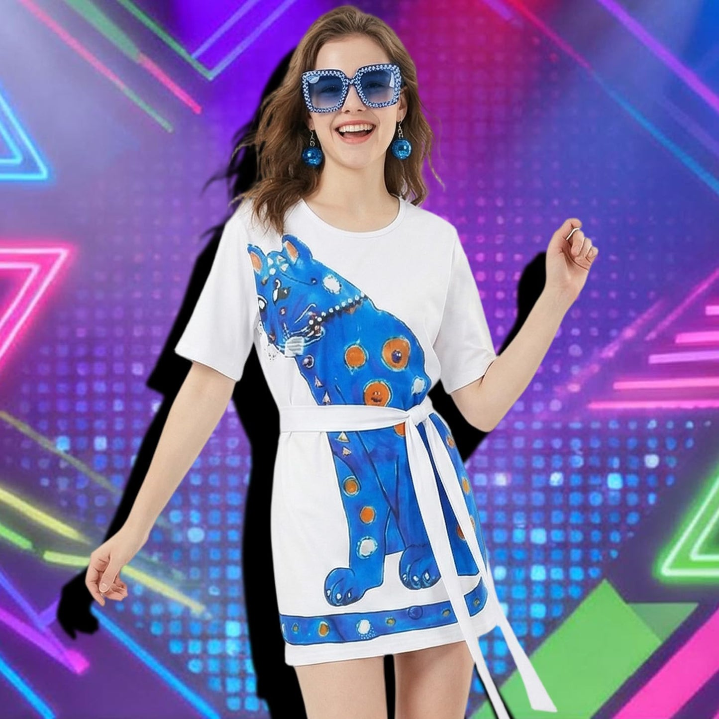 ABBA Costume for Women - 70s Disco Blue Panther Print Loose Dress (image 4)