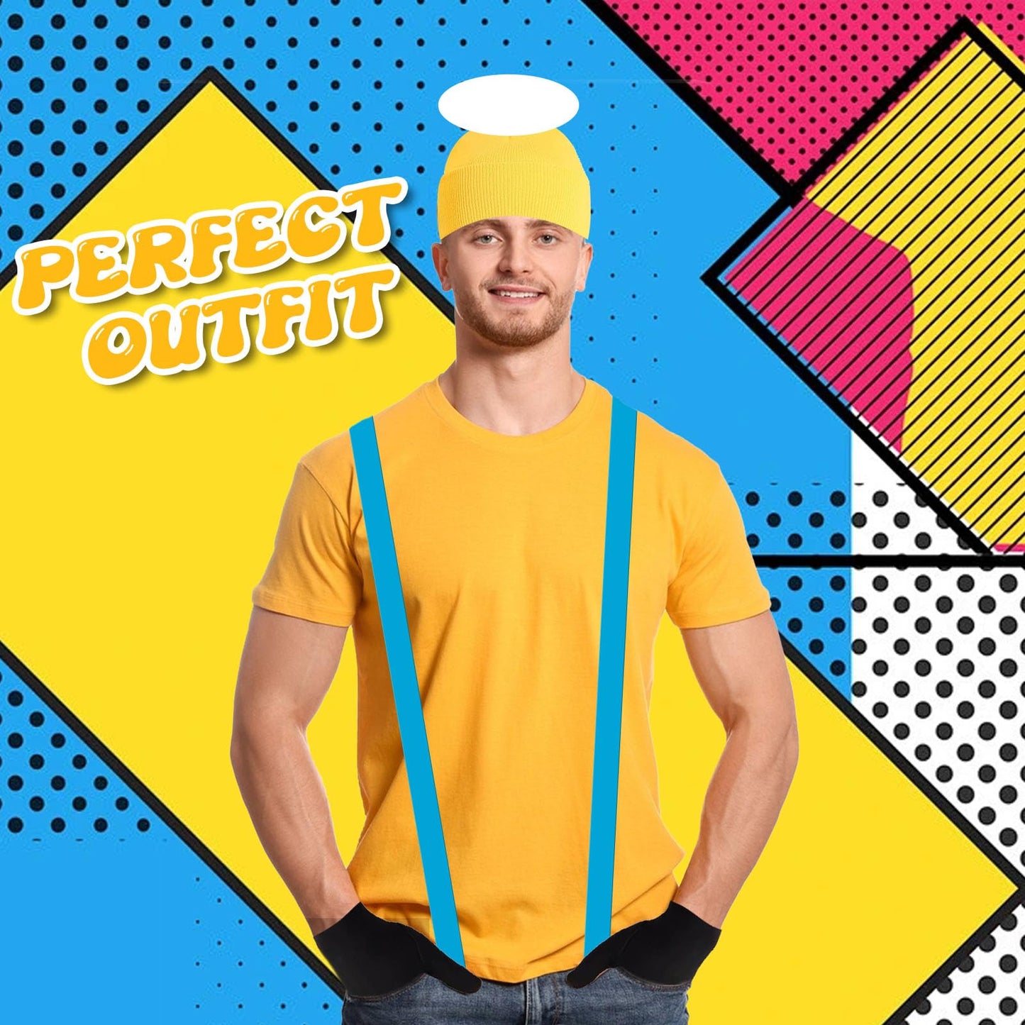 4 Pcs Adults Cosplay Costume Accessories with Yellow Beanie Knit Hat Black Gloves Grey Steampunk Goggles Glasses Blue Shoulder Strap for Halloween Cosplay Party World Book Day Dress up Outfits
