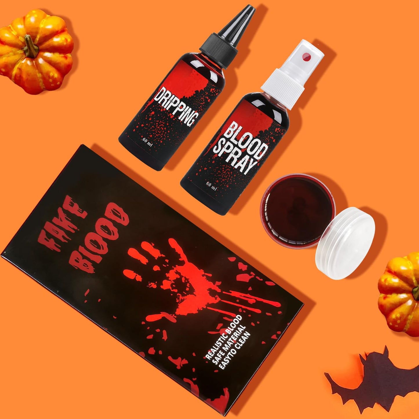 Fake Blood Set, 60ml Fake Blood Spray and 60ml Dripping Blood and 40ml Coagulated Gel Blood, Halloween Washable Fake Blood Makeup for Clothes, Zombie, Vampire Cosplay & Dress Up (Sets)