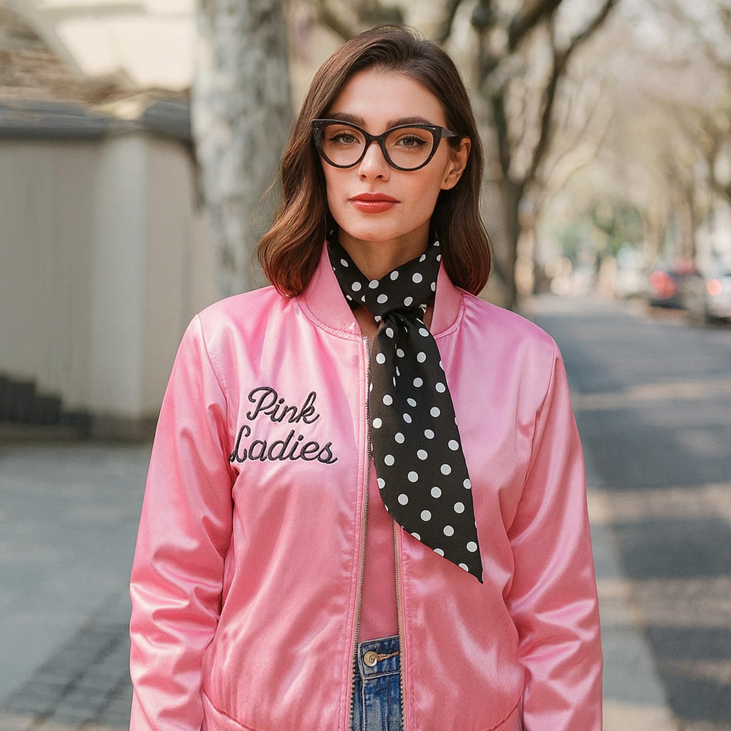 SSKHE Ladies Pink Grease Jacket with Neck Scarf Glasses, Halloween Cosplay Costume Fancy Dress, 1950s Pink Satin Jacket Outfit for Women Festival Carnival Christmas 80s Party