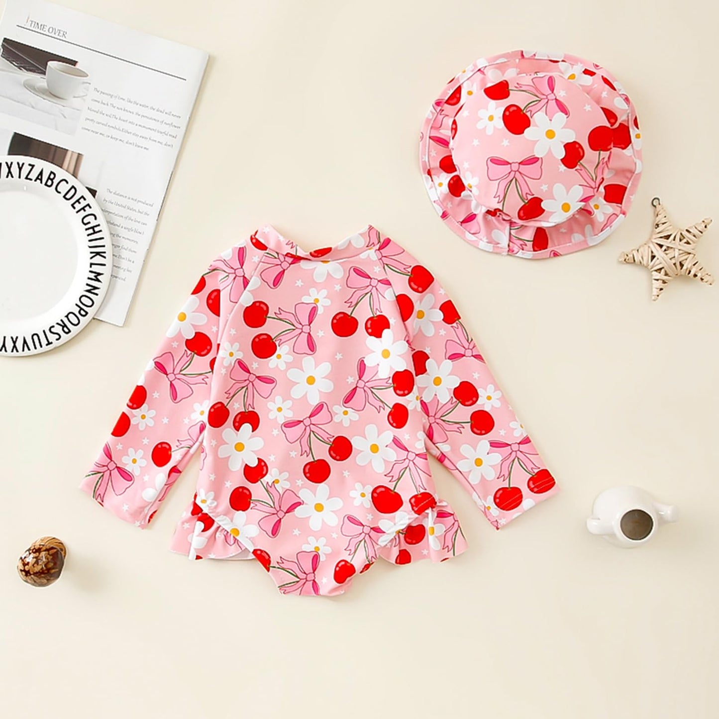 Nicoxijia Baby Girls Long Sleeve One Piece Swimming Costume Zipper Swimsuit Swimwear Bathing Suit Rash Guard with Sun Hat Set (Pink, 12-18 Months)
