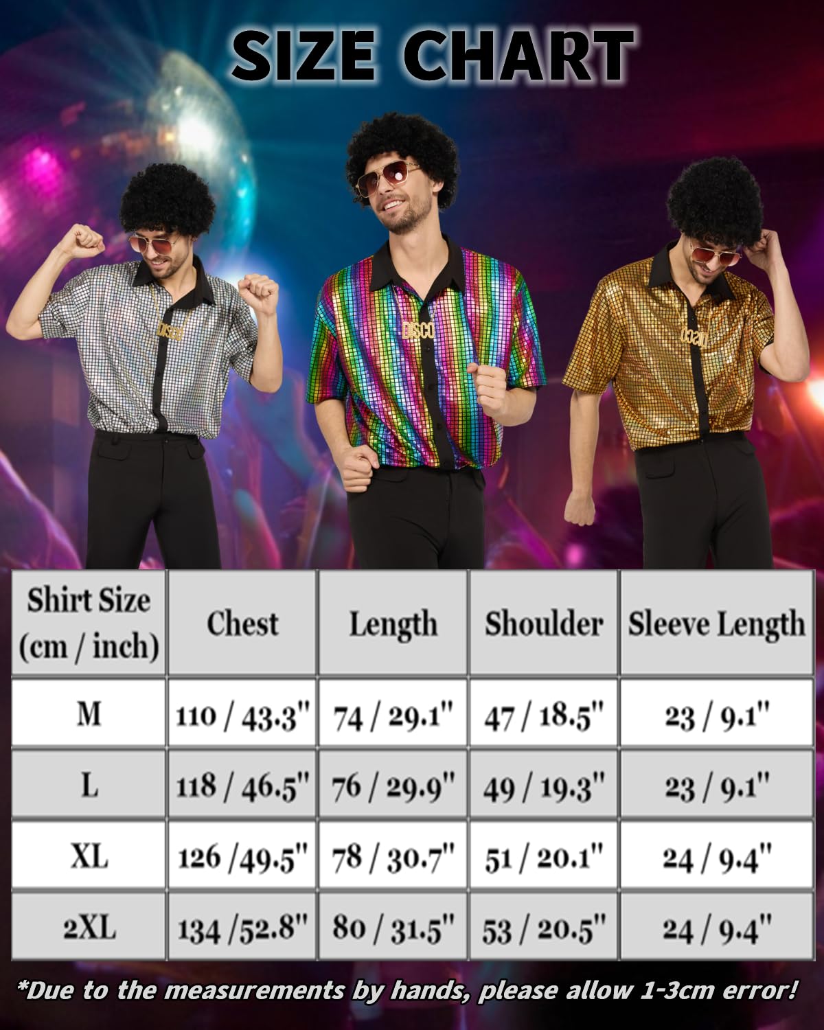 minkasic 70s Fancy Dress Mens 5PCS 70s Shirts for Men with Disco Accessories Wig, Sunglasses, Fake Beard Disco Necklace, Abba Fancy Dress Costume Men Set for 60s 70s Party (Multicolour, XXL)