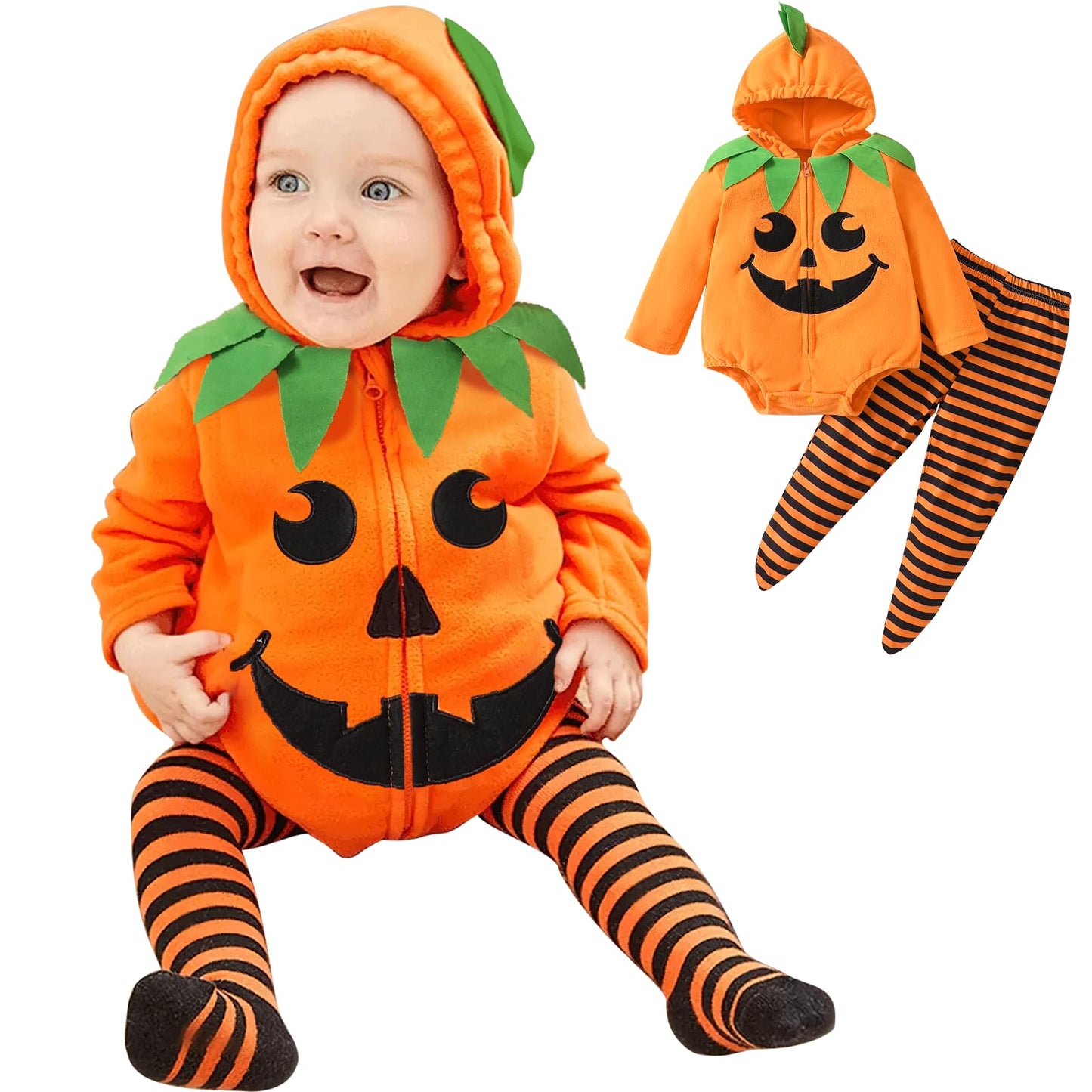 TenhCreek Baby Pumpkin Costume, Long Sleeve Baby Girls Boys Pumpkin Outfit, Soft Fleece Infant Pumpkins Outfit, Hooded Babys Pumpkins Costumes with Footed Pants Set, Babies Halloween Clothes (0-18M)