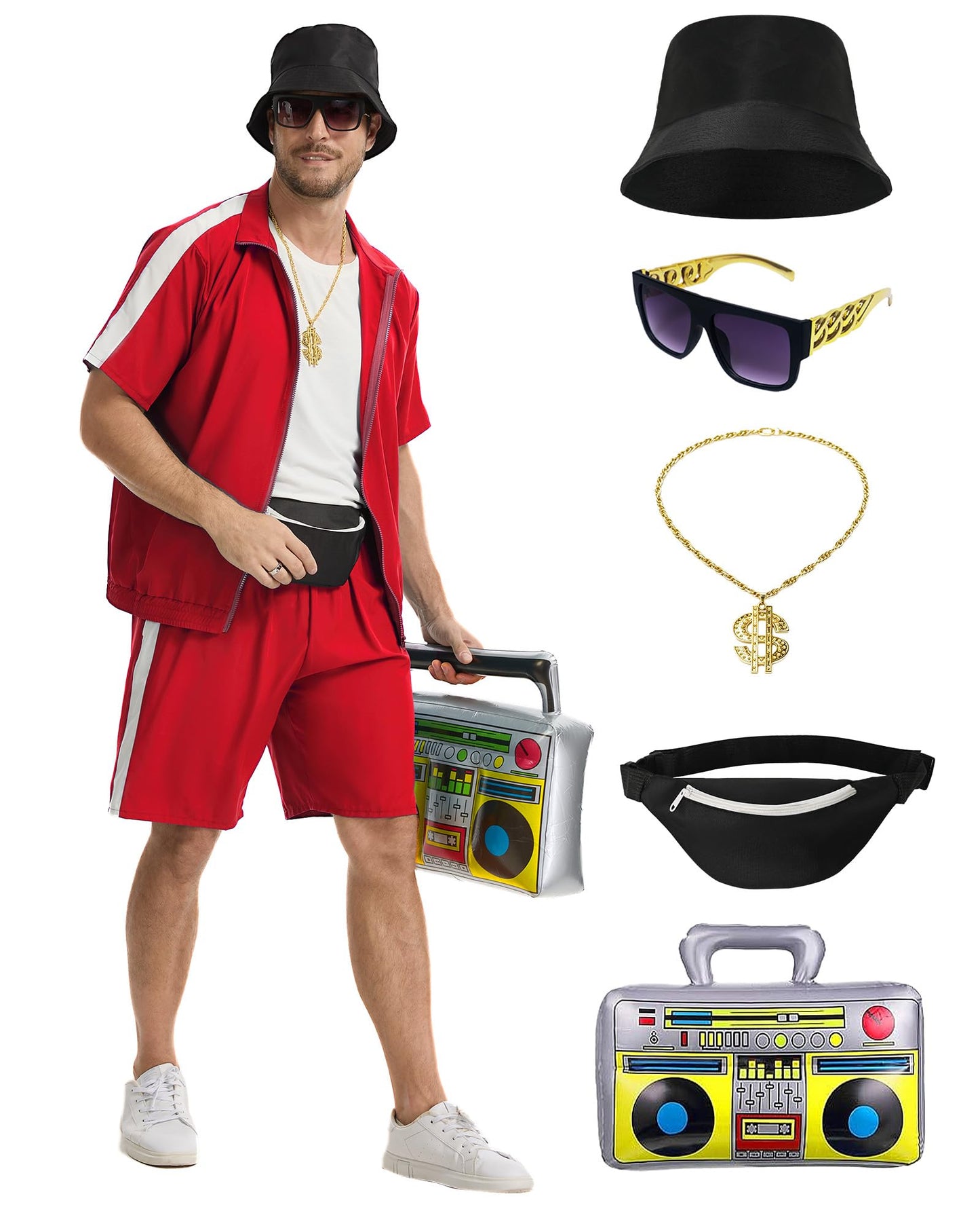 Crubelon 80s 90s Hip Hop Costume Set for Men, Rapper Tracksuit Outfit with Accessories, Retro Street Dance Party Fancy Dress, Stand Collar Jogging Suit (Rot, XXL)