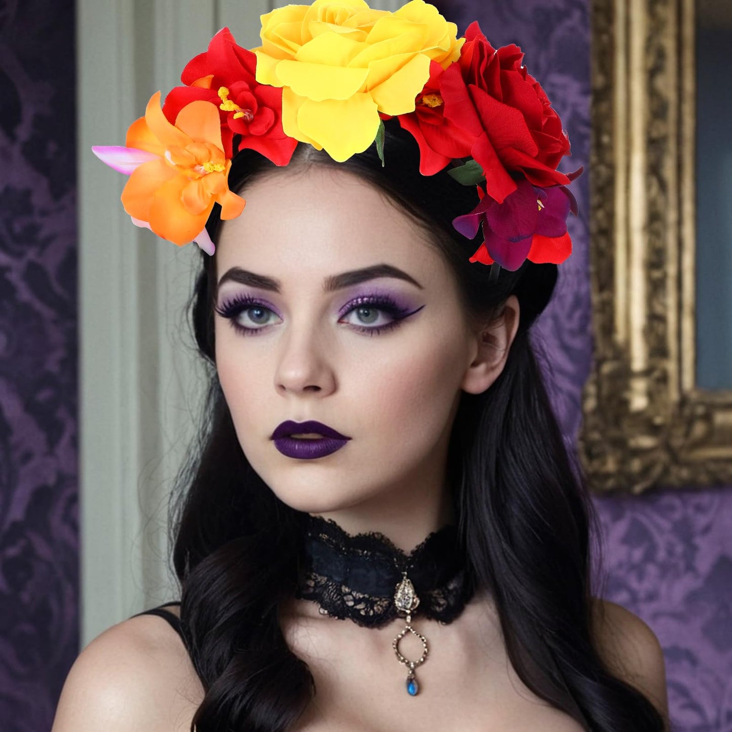 Amabro Halloween Headbands, Floral Day of the Dead Headband Mexican Flower Rose Crown Headpiece Halloween Cosplay Party Headdress Costume Hair Wreath Decorations for Women Men