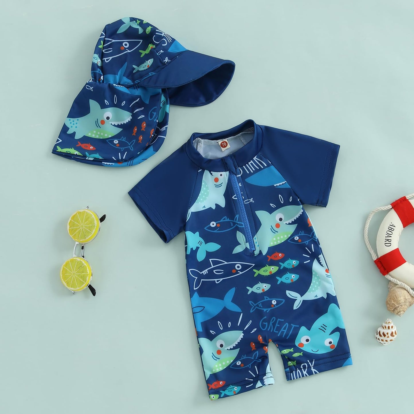 Geagodelia Baby Boy Swimming Costume Toddler Boy Swimsuit Infant Bathing Suit Short Sleeve One Piece Rash Guard Sun Hat Summer Beachwear (Blue, 6-12 Months)