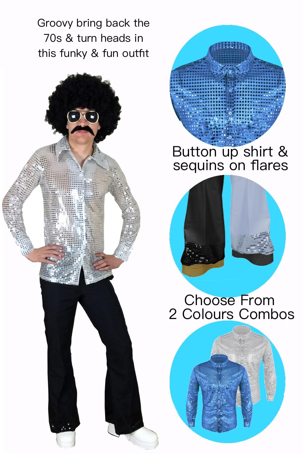 Men's 70s Disco Costume - Shiny Sequin Shirt & Flared Trousers (image 2)