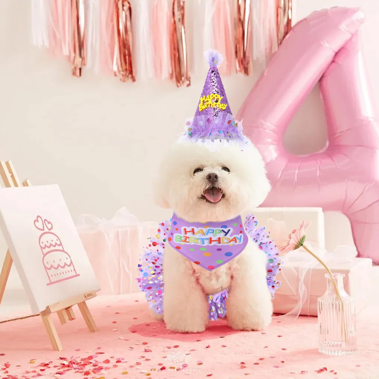 Dog Birthday Bandana with Hat and Dress Girl Set Puppy Birthday