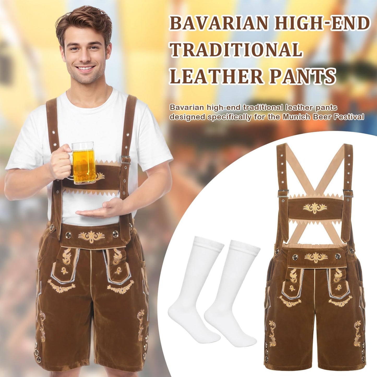 Joyesplay Lederhosen Men Oktoberfest Costume,Bavarian Outfit with Lederhosen Shorts＆Socks for Festivals Celebrations Adult Mens (Brown, XL)
