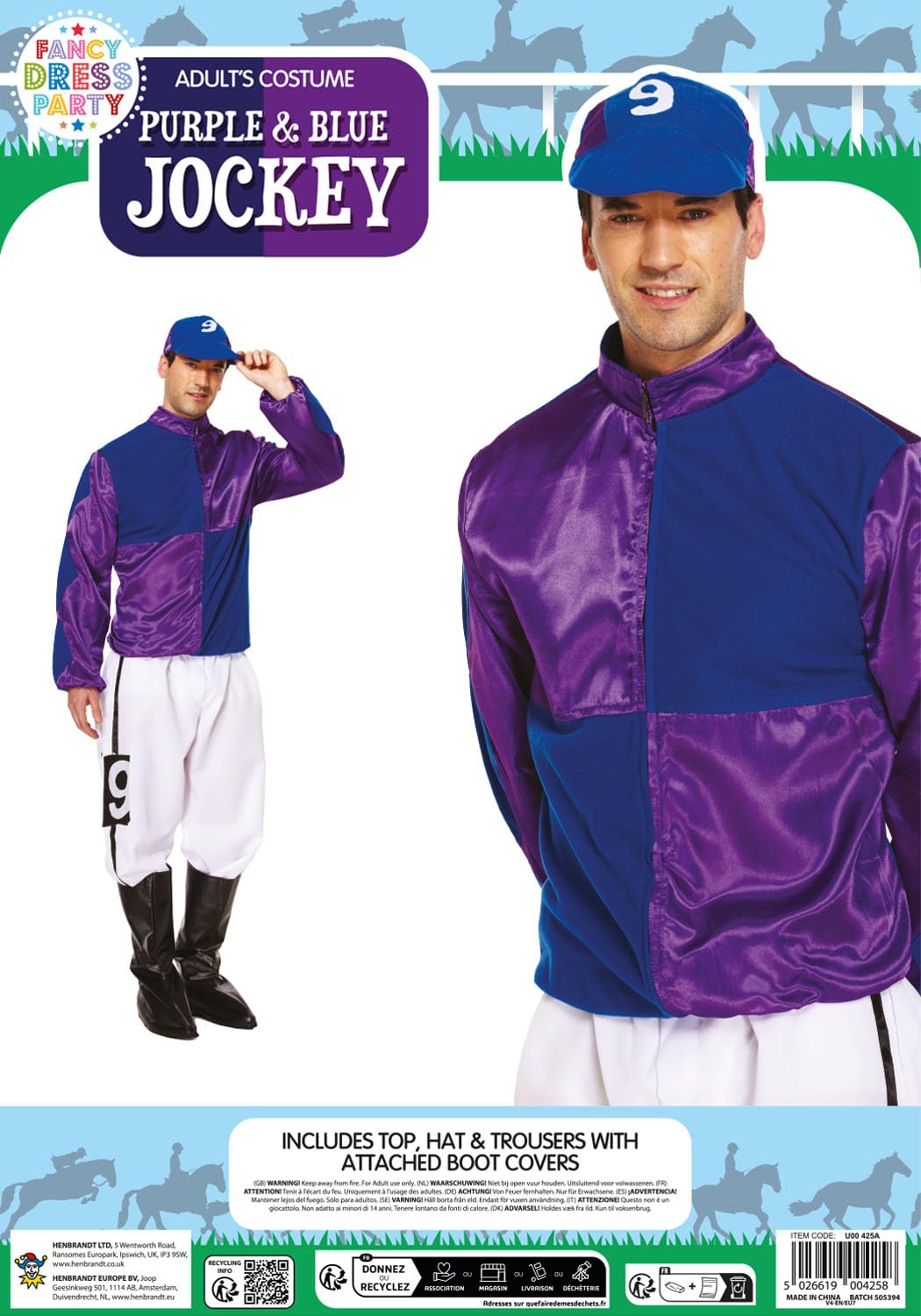 HENBRANDT Adult Men’s Blue and Purple Horse Jockey Outfit with Peaked Hat and Boot Covers Sports Fancy Dress Costume Racing Jockey Dress Up Outfit One Size Mens Fancy Dress Costume