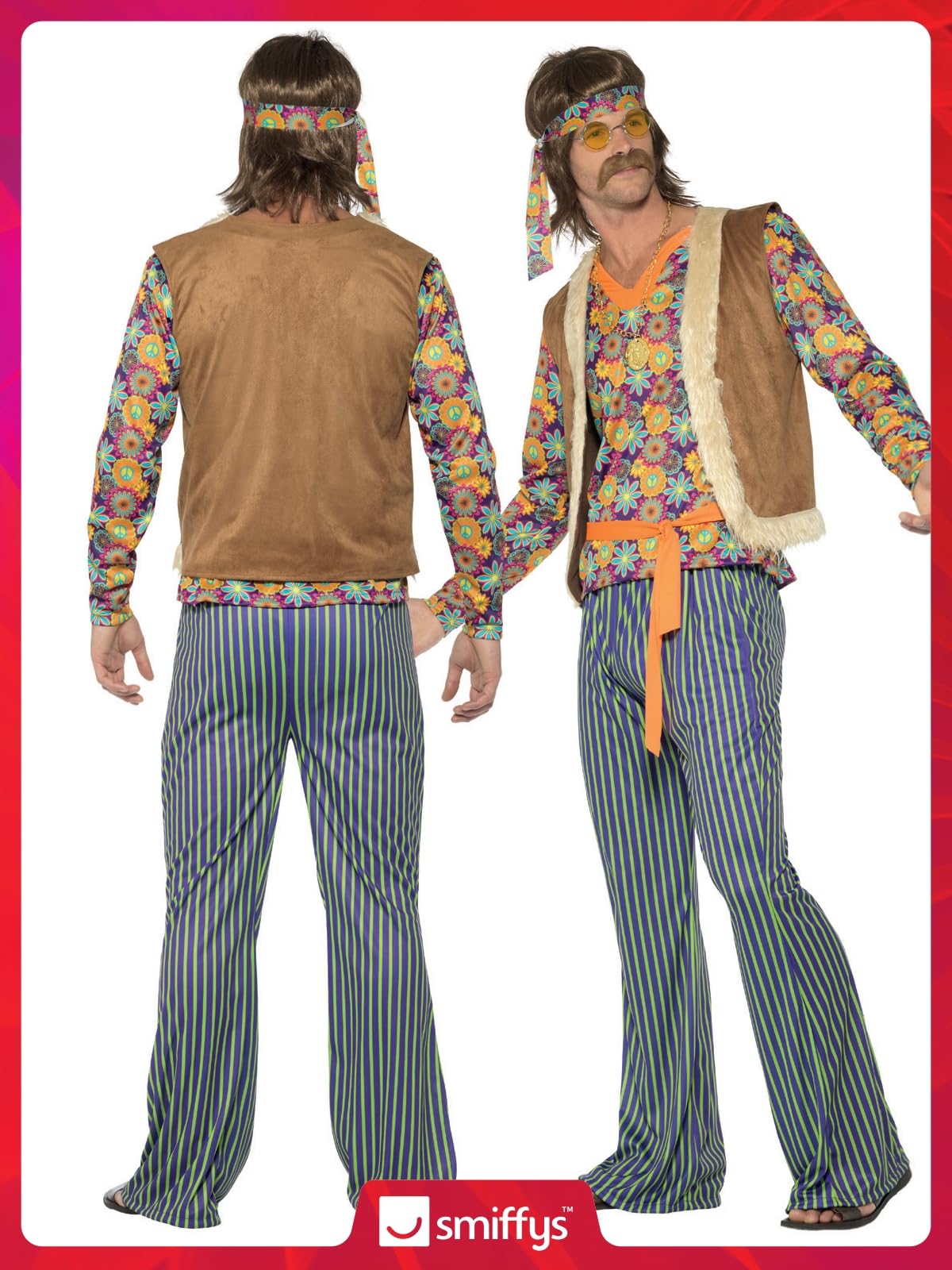 Smiffys 60s Singer Costume, Male, Multi-Coloured Top, Waiscoat, Trousers, Belt & Headband, 1960's Groovy Fancy Dress, Adult Dress Up Costumes