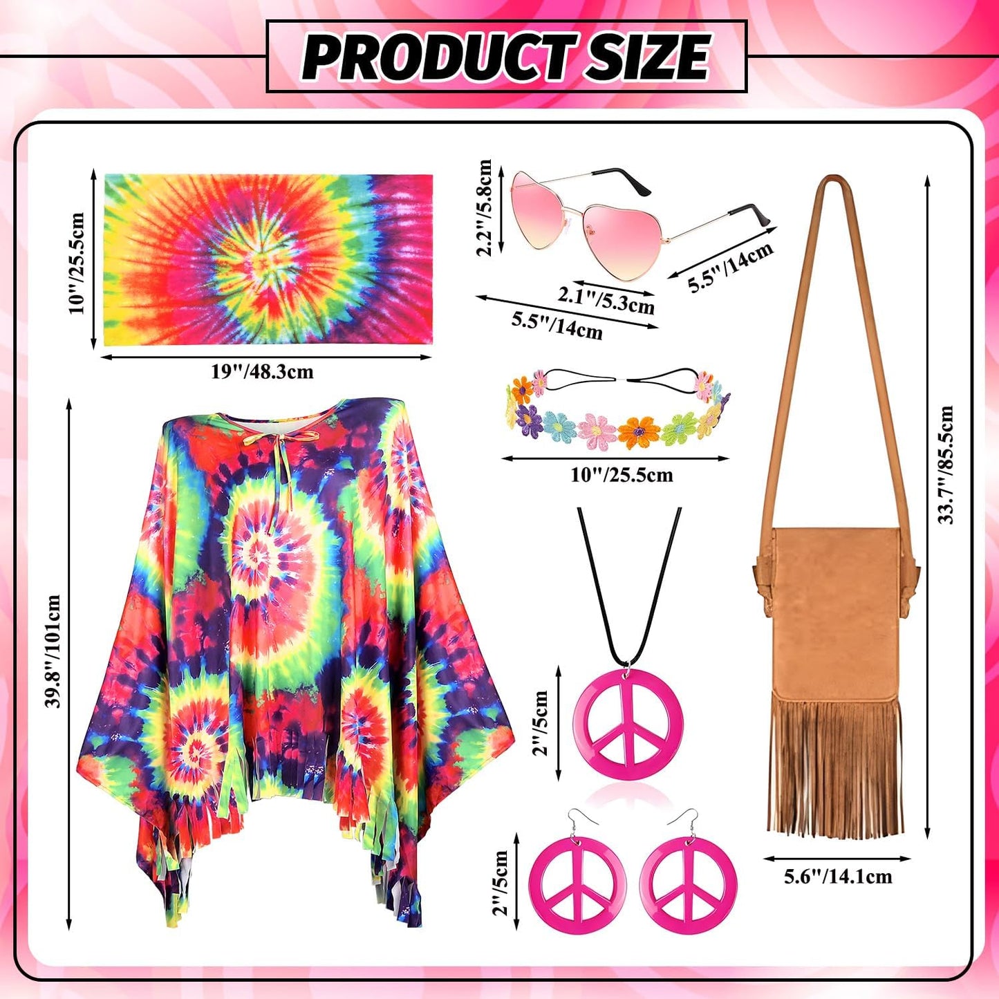iZoeL 70s Hippie Costumes Women Hippie Clothes Teen Girls Boho 70s Costume 80s Accessories 60s Retro Festival Outfit - Top Bag Sunglasses Peace Necklace Headband- Retro Disco Fancy Dress